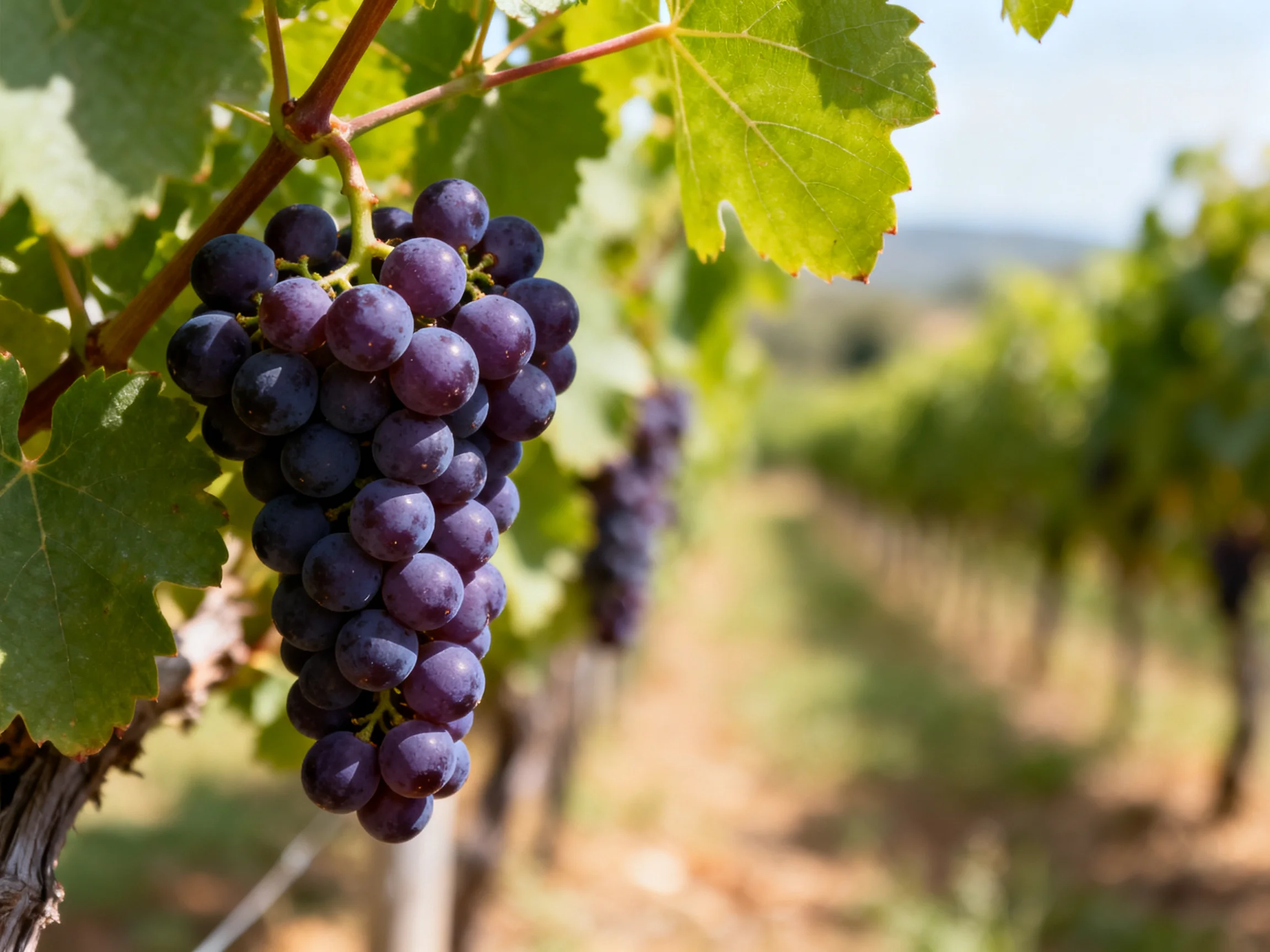 A cluster of deep purple grapes hangs from a vineyard vine