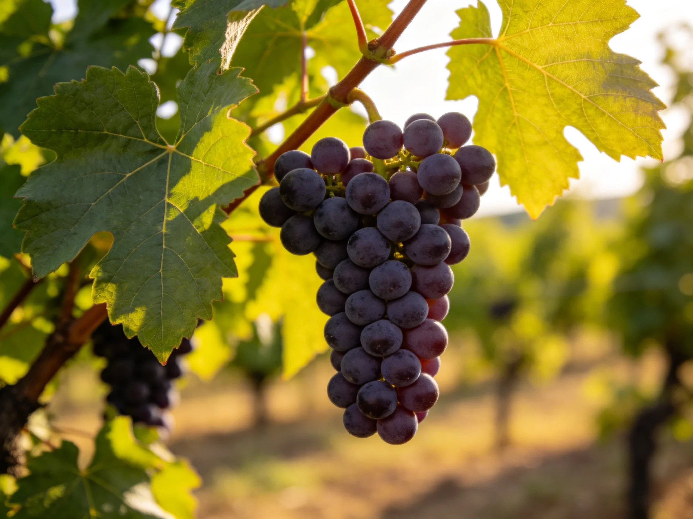 A cluster of deep purple grapes hangs from lush green vines under golden sunlight