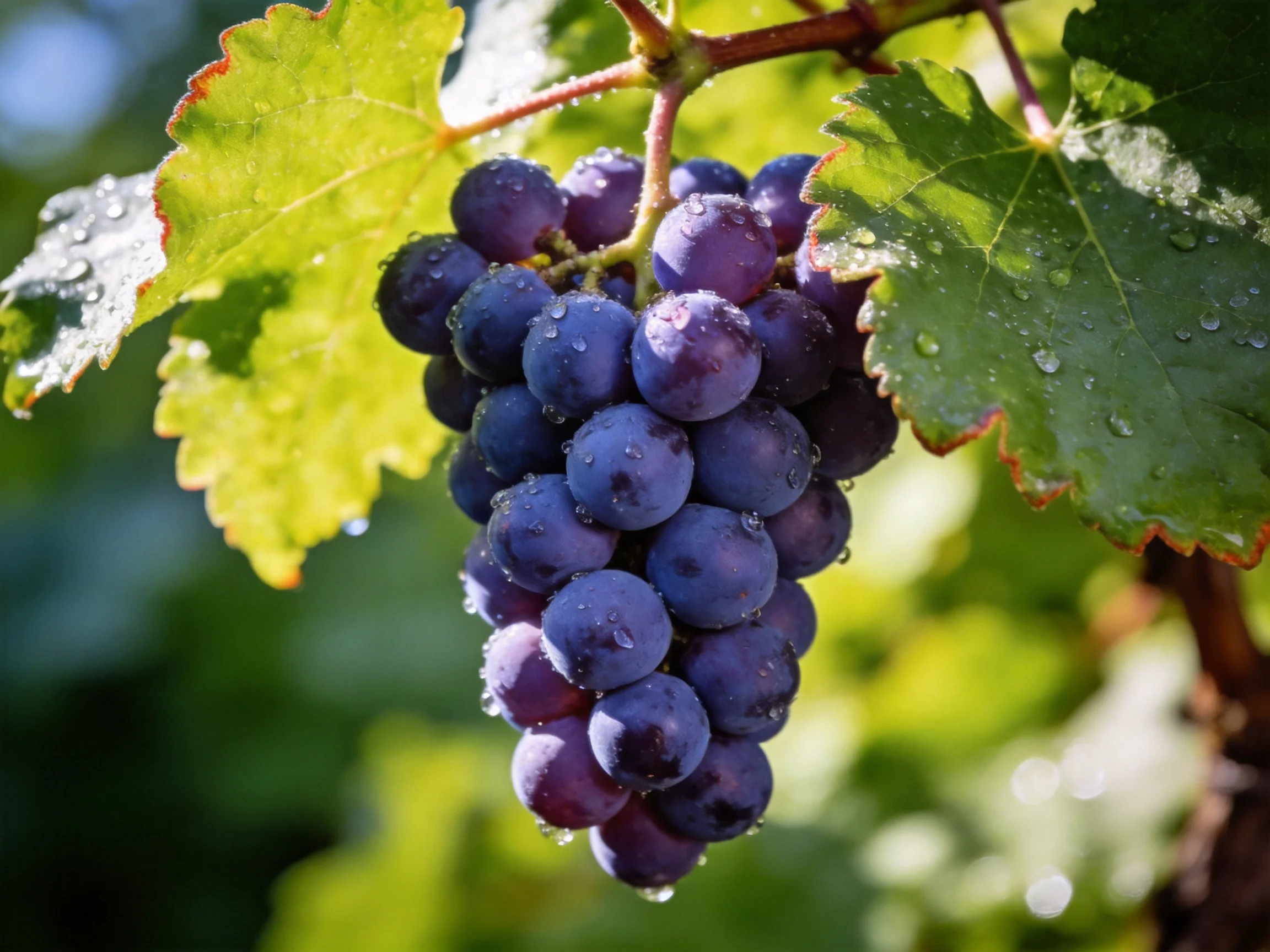 A cluster of deep purple grapes with dewy green leaves