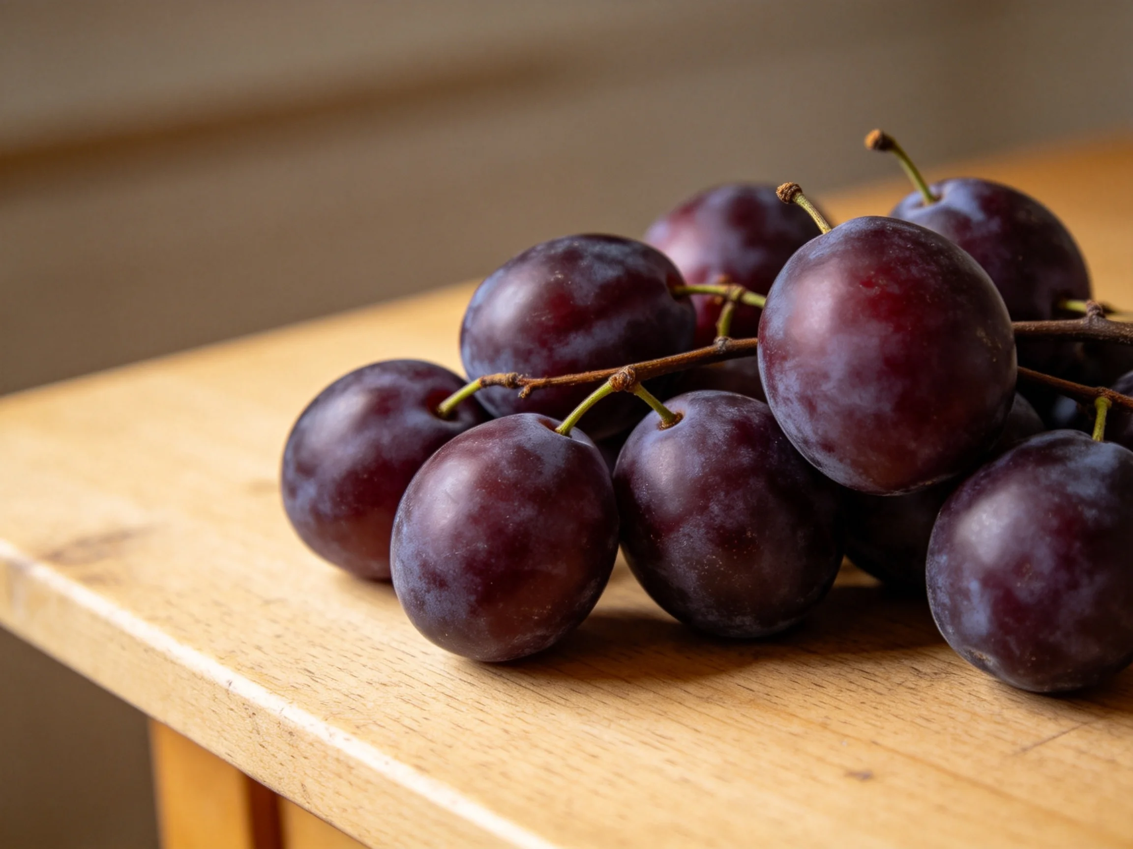 A cluster of deep purple plums arranged on a light wooden surface