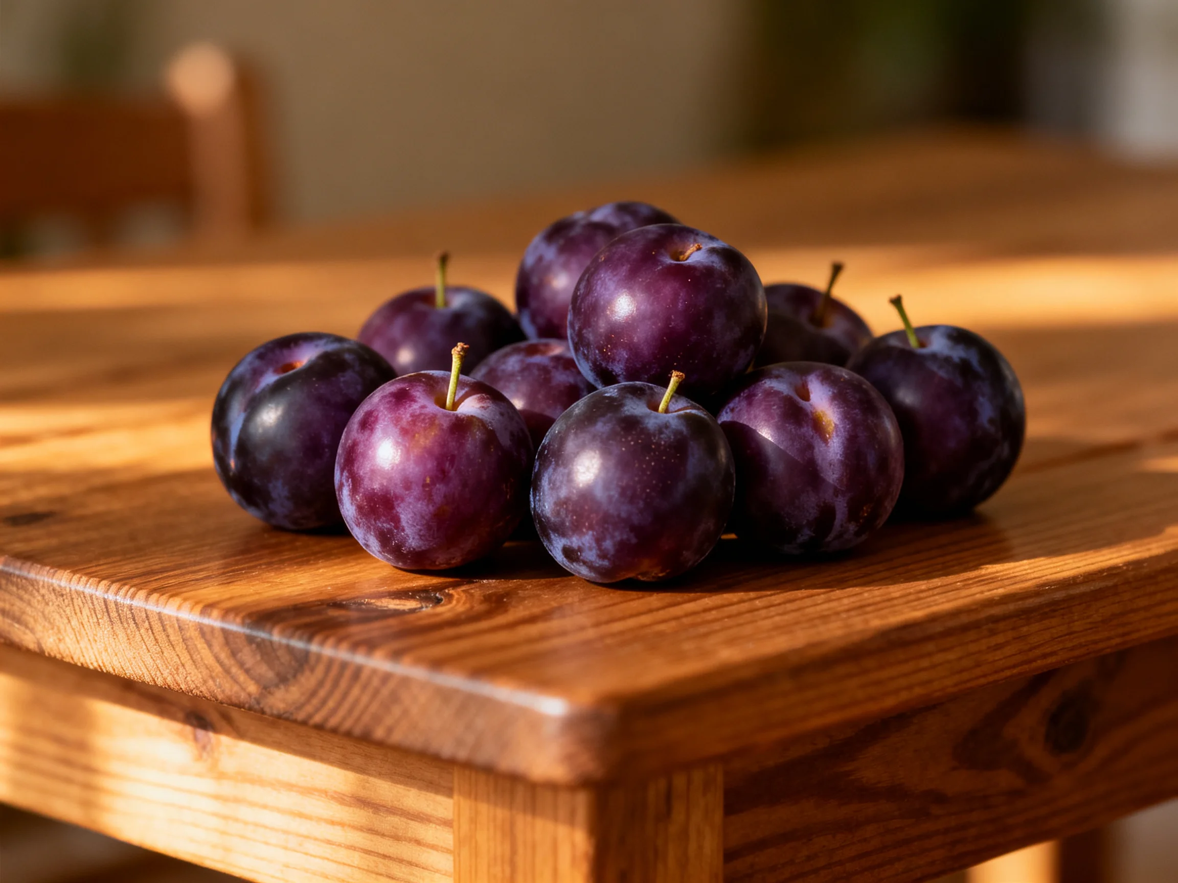 A cluster of deep purple plums arranged on a polished wooden table