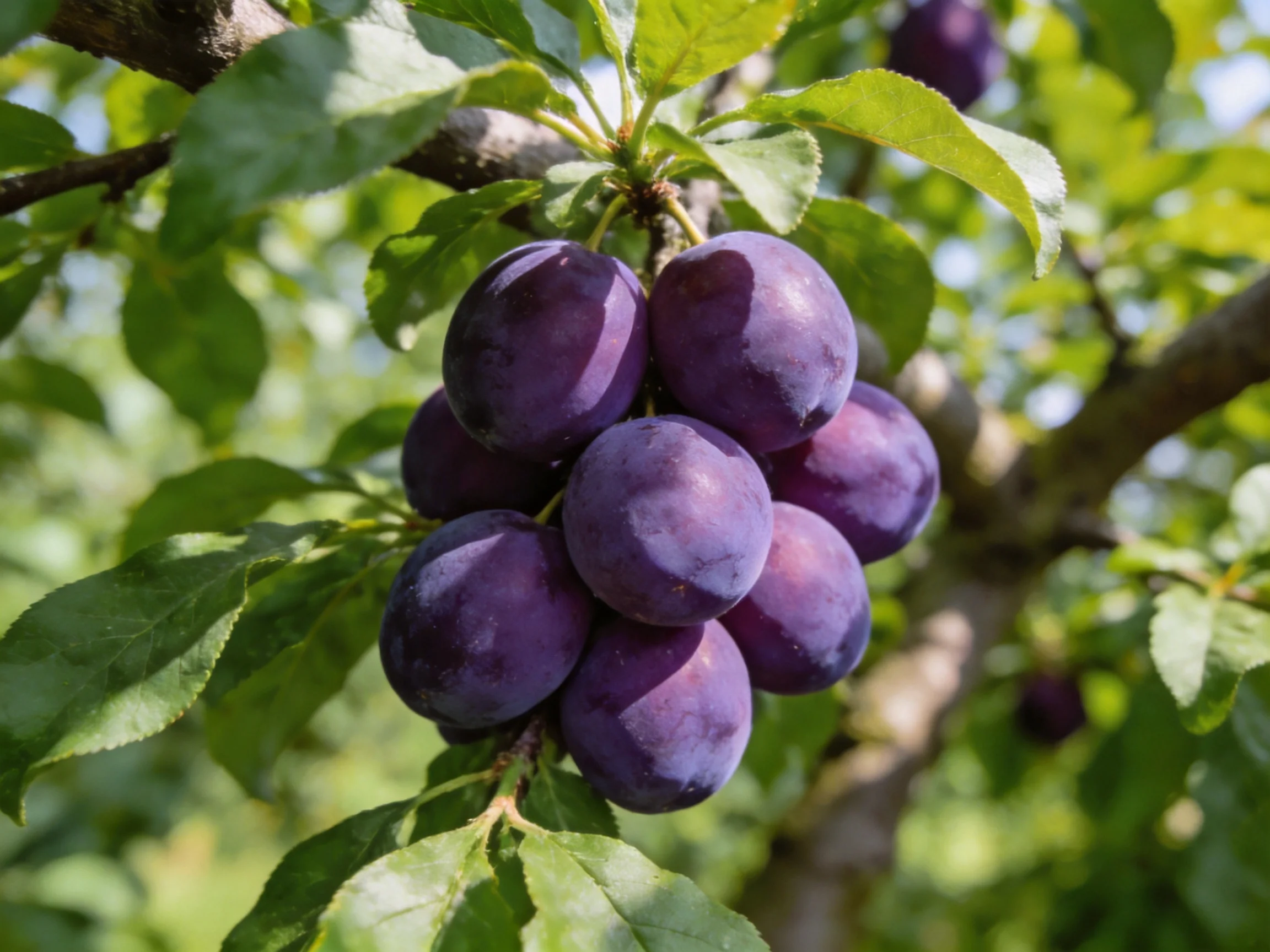A cluster of deep purple plums grows among green leaves on a tree