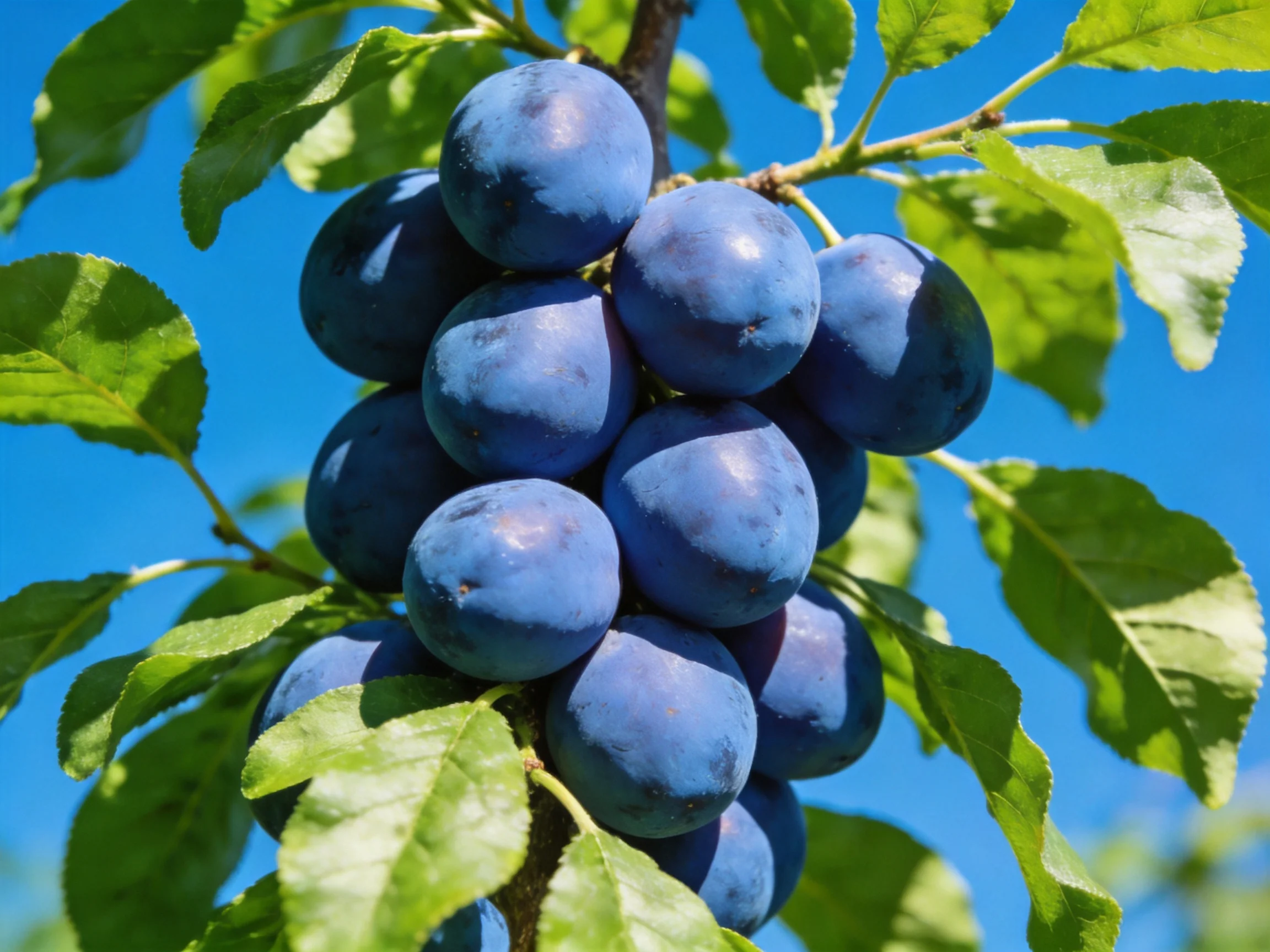 A cluster of deep purple plums grows among vibrant green leaves on a tree