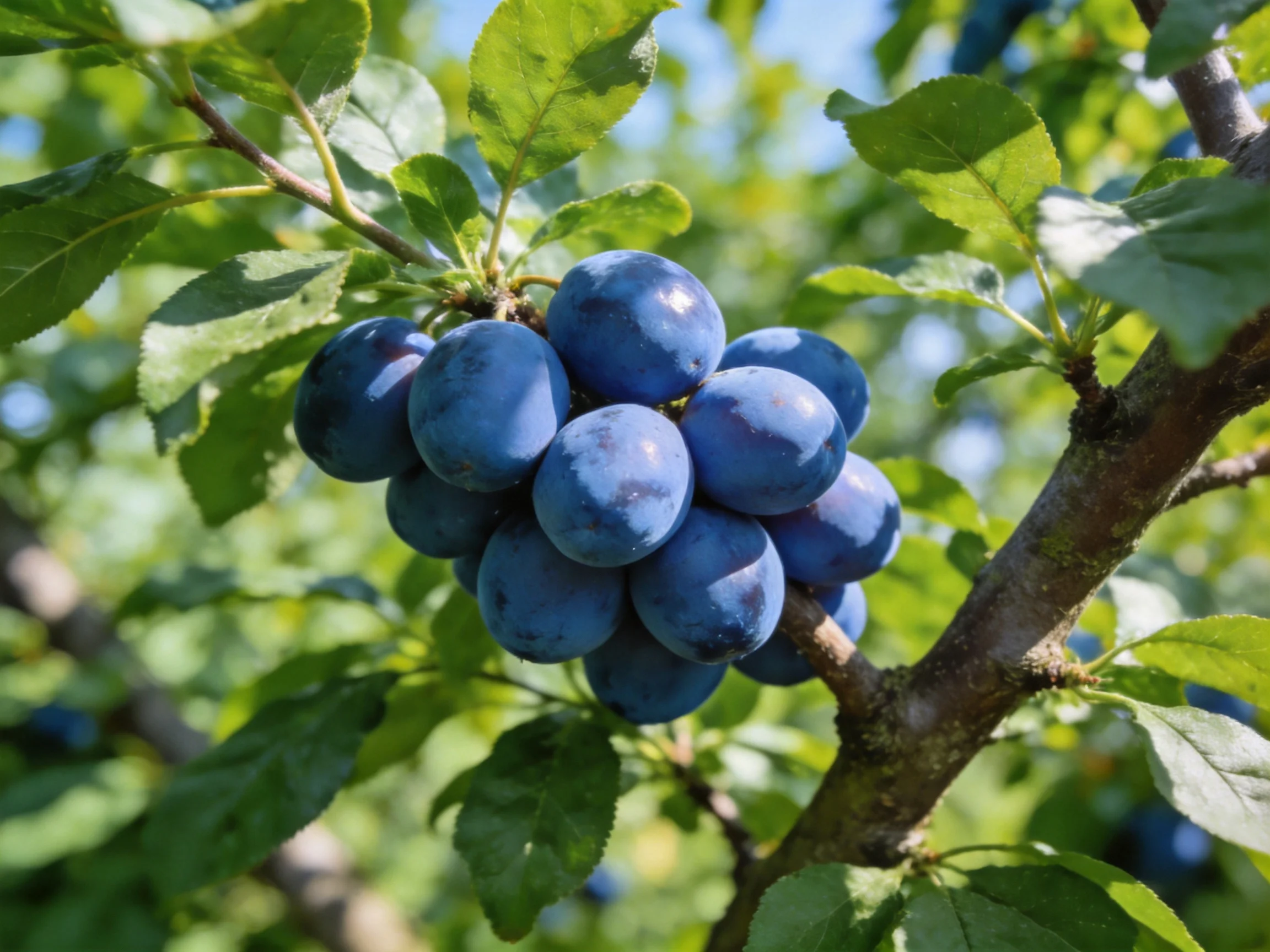 A cluster of deep purple plums grows on a tree branch