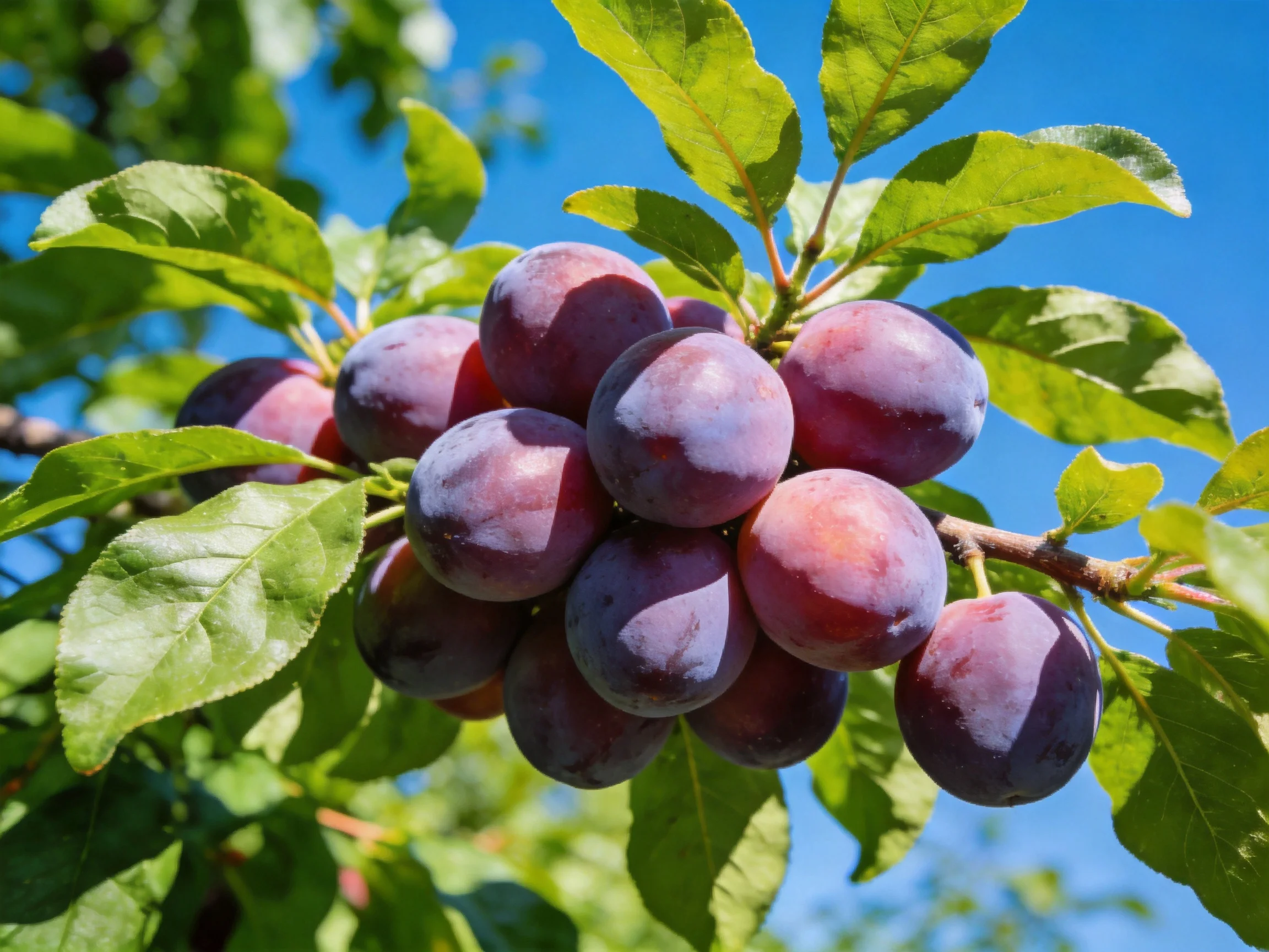 A cluster of deep purple plums hangs among vibrant green leaves