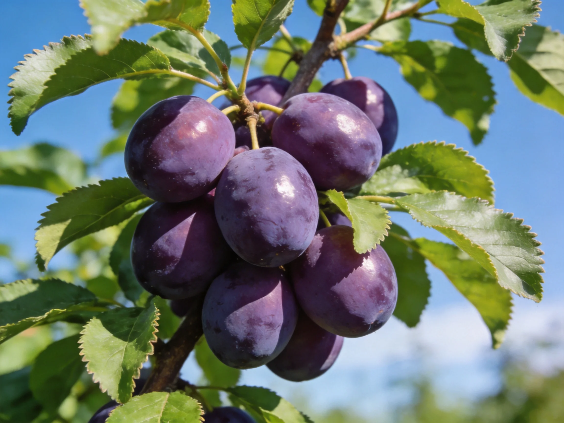 A cluster of deep purple plums hangs from a leafy branch
