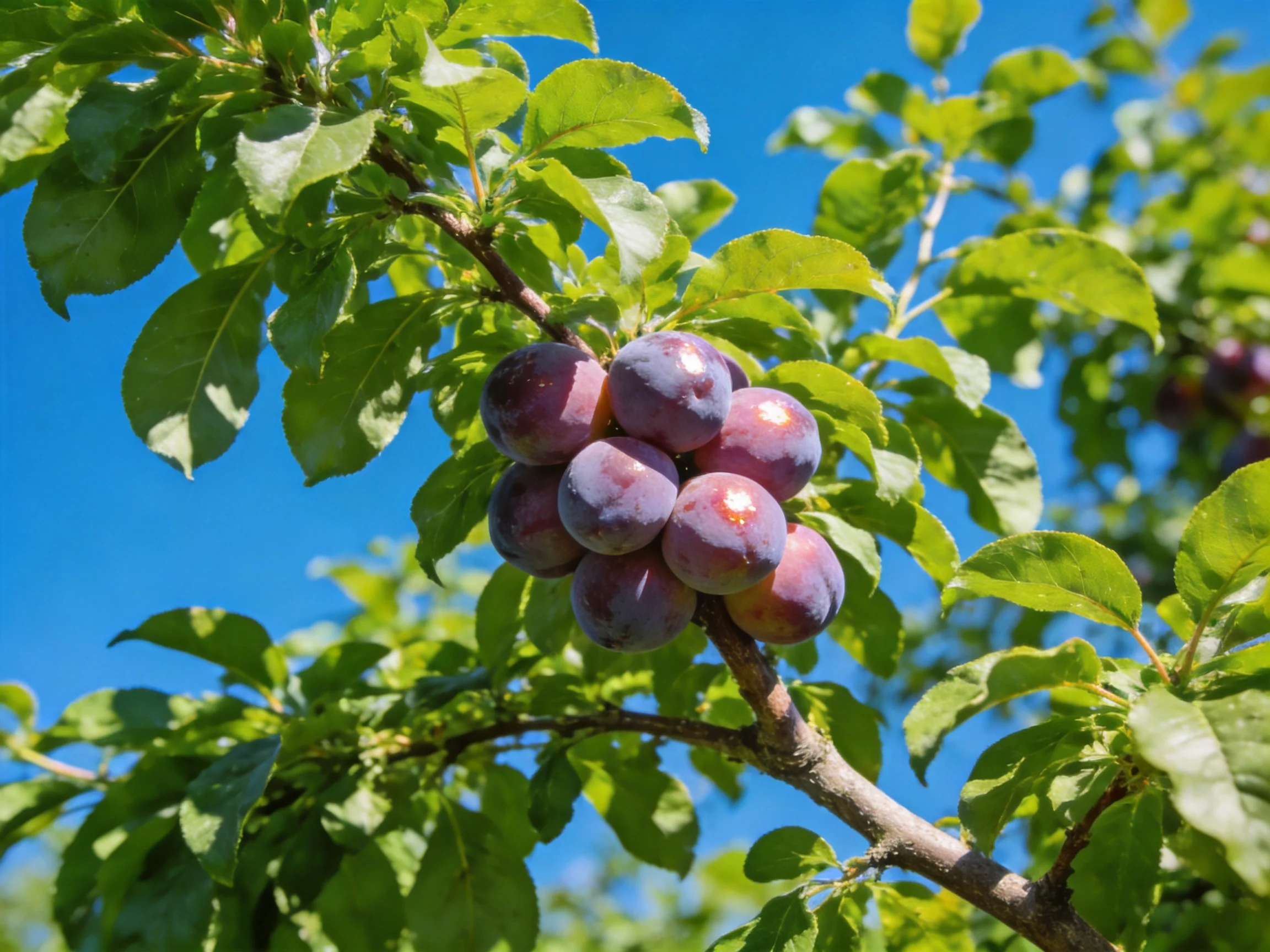 A cluster of deep purple plums hangs from a leafy branch against a bright blue sky