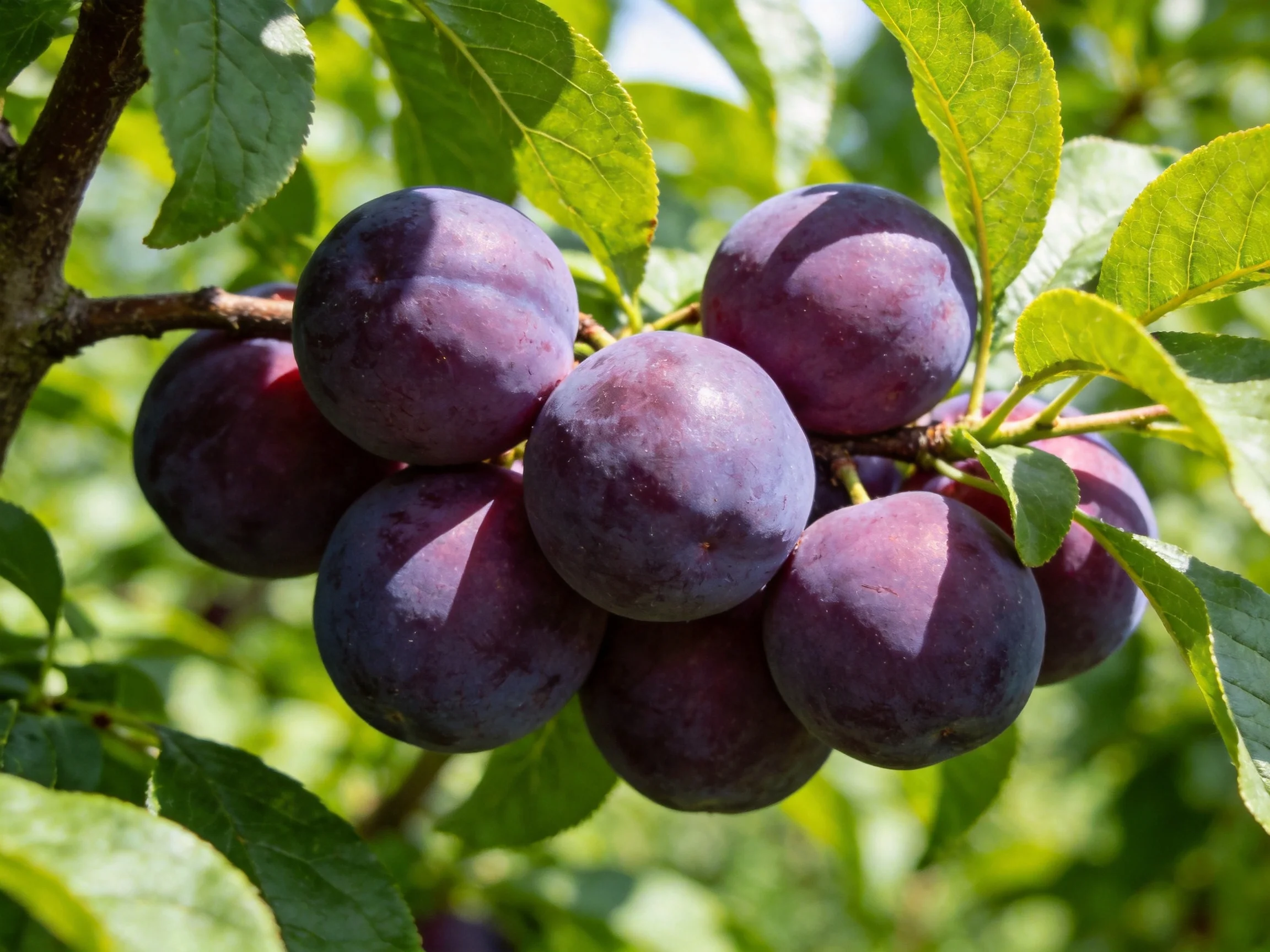 A cluster of deep purple plums hangs from a leafy branch