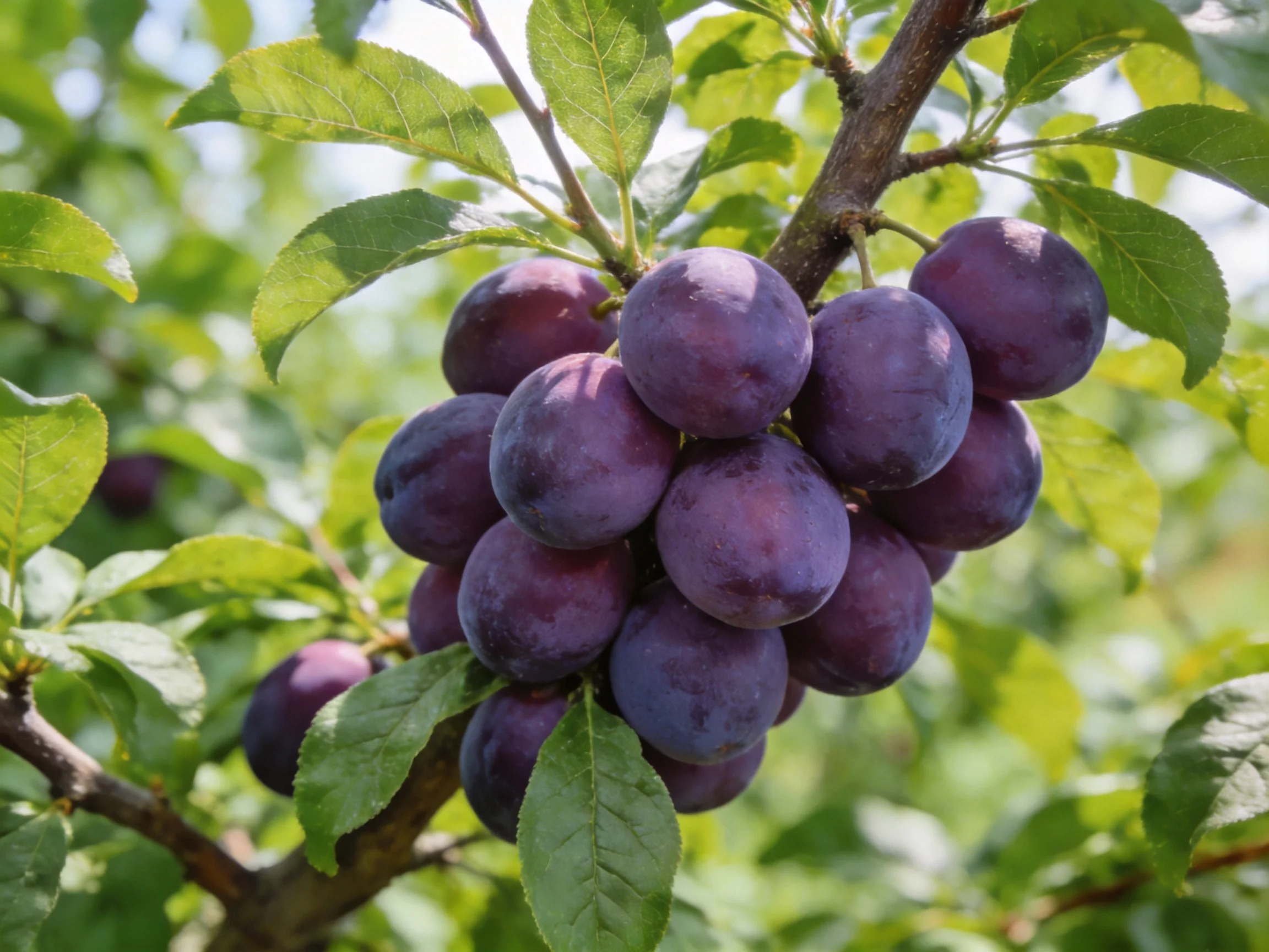 A cluster of deep purple plums hangs from a leafy tree branch