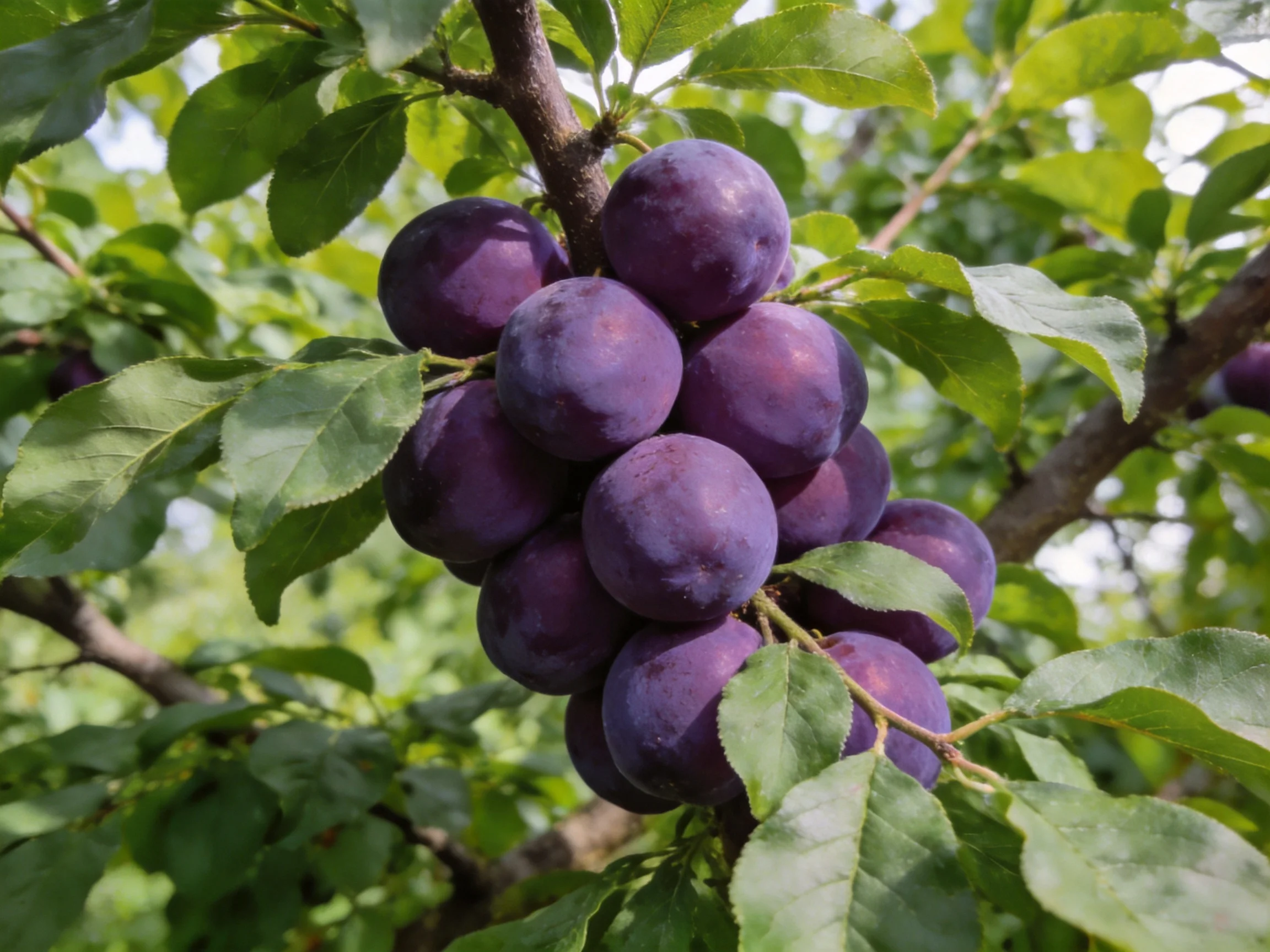 A cluster of deep purple plums hangs from a leafy tree branch