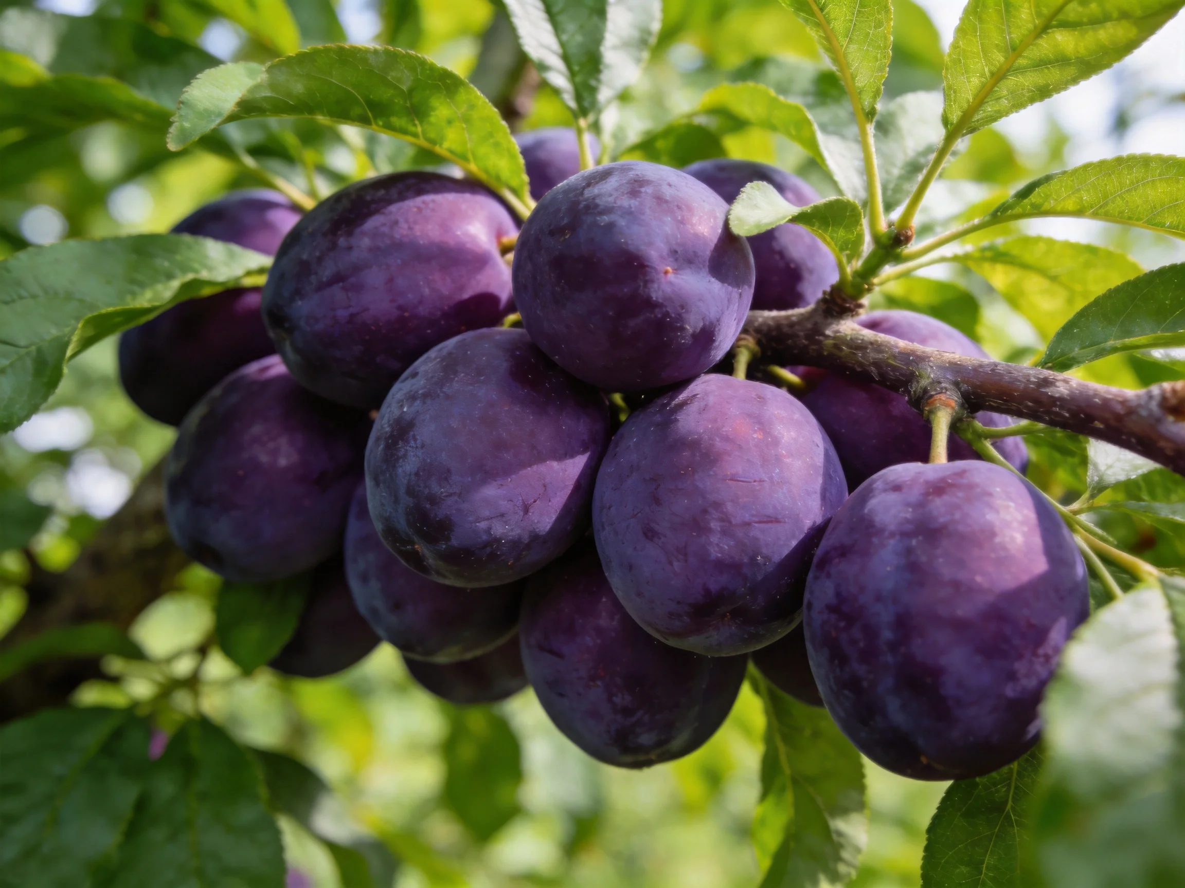 A cluster of deep purple plums hangs from a leafy tree branch