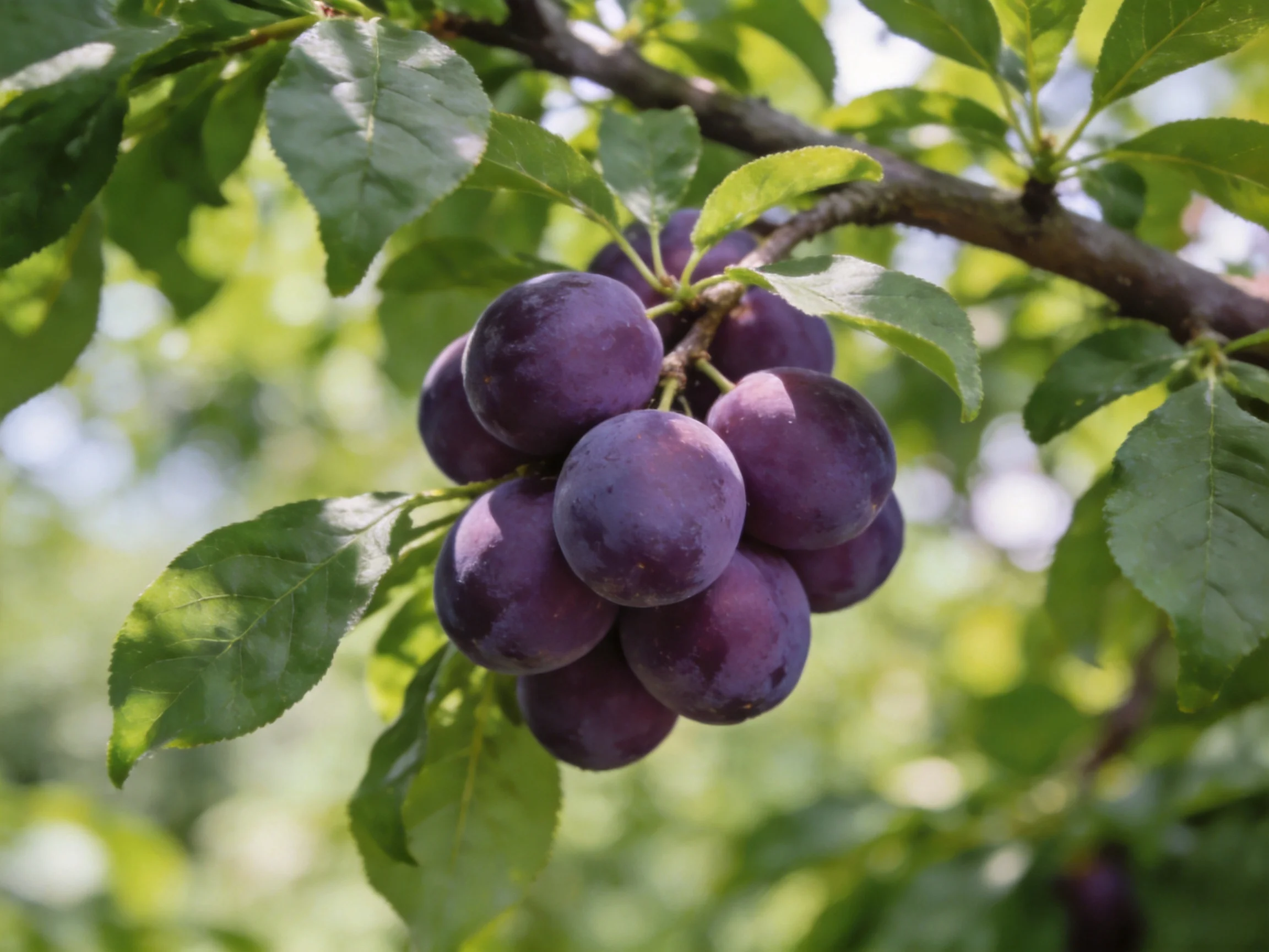 A cluster of deep purple plums hangs from a tree branch amid lush green leaves