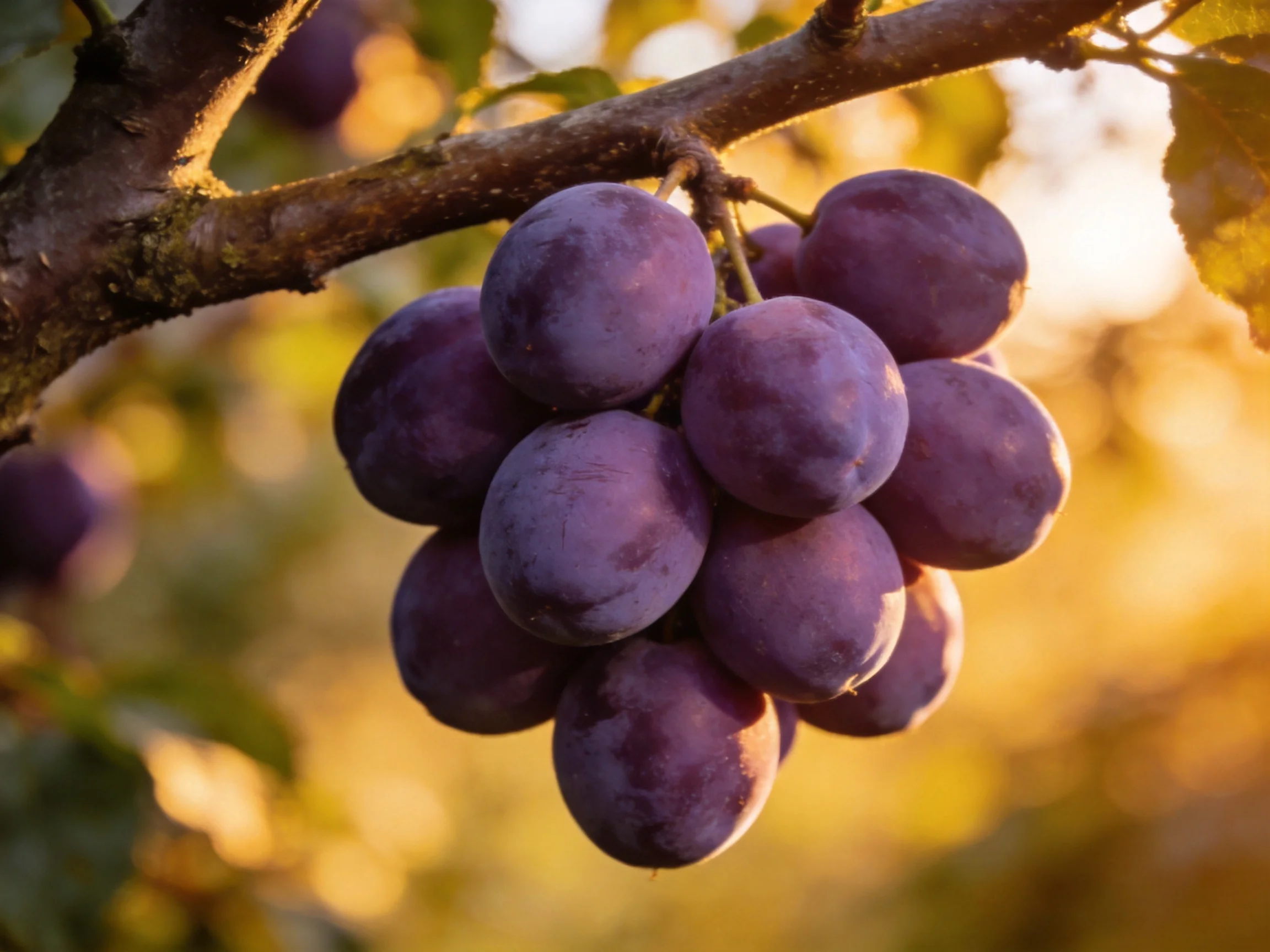 A cluster of deep purple plums hangs from a tree branch in golden light