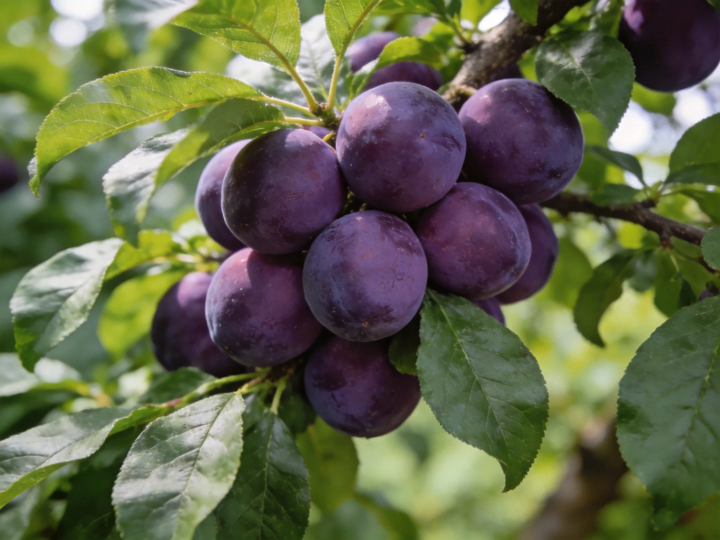 A cluster of deep purple plums hangs from a tree branch