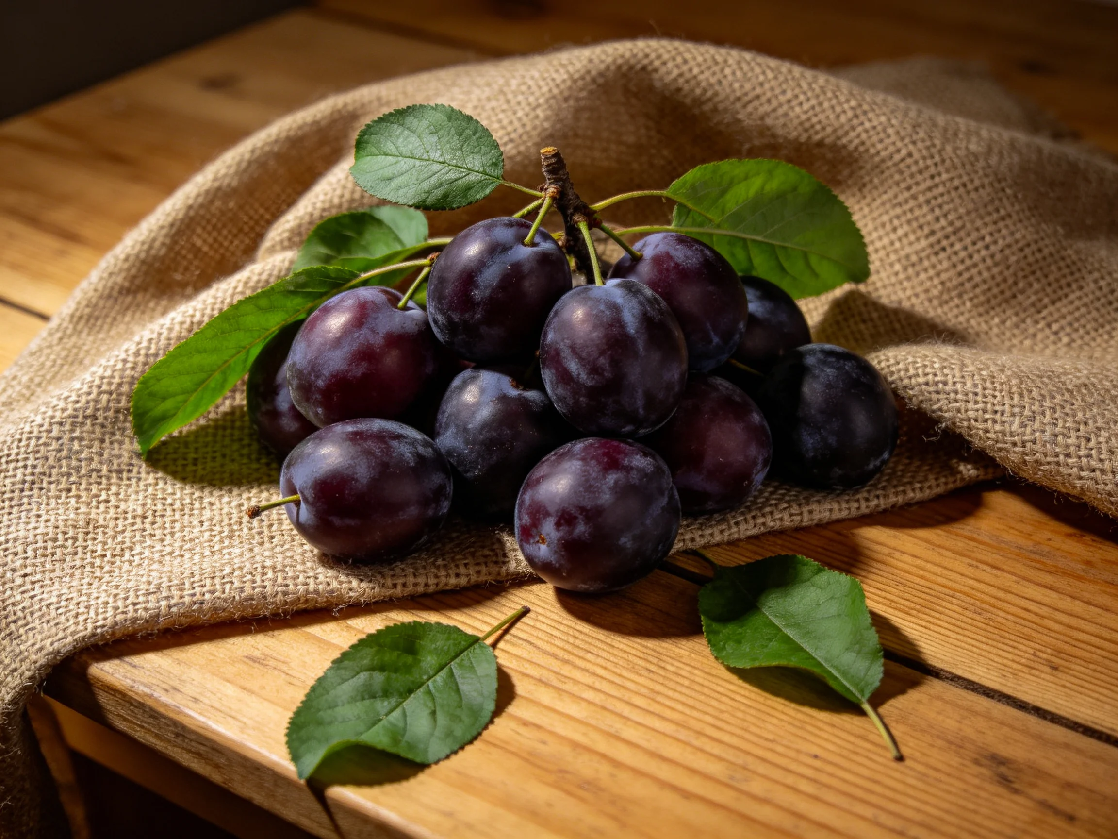 A cluster of deep purple plums sits on