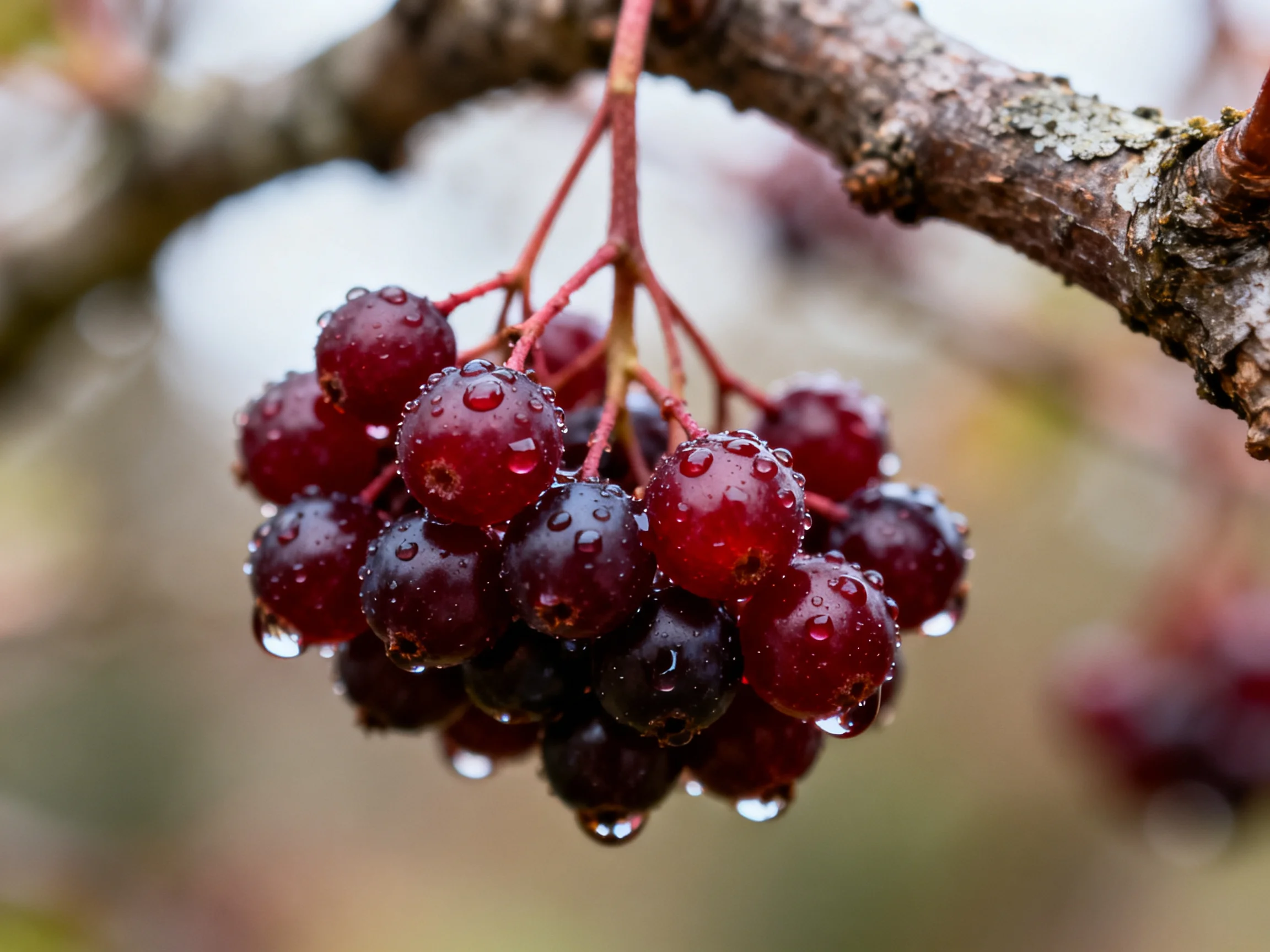 A cluster of deep red berries with glistening water droplets hangs from a tree branch