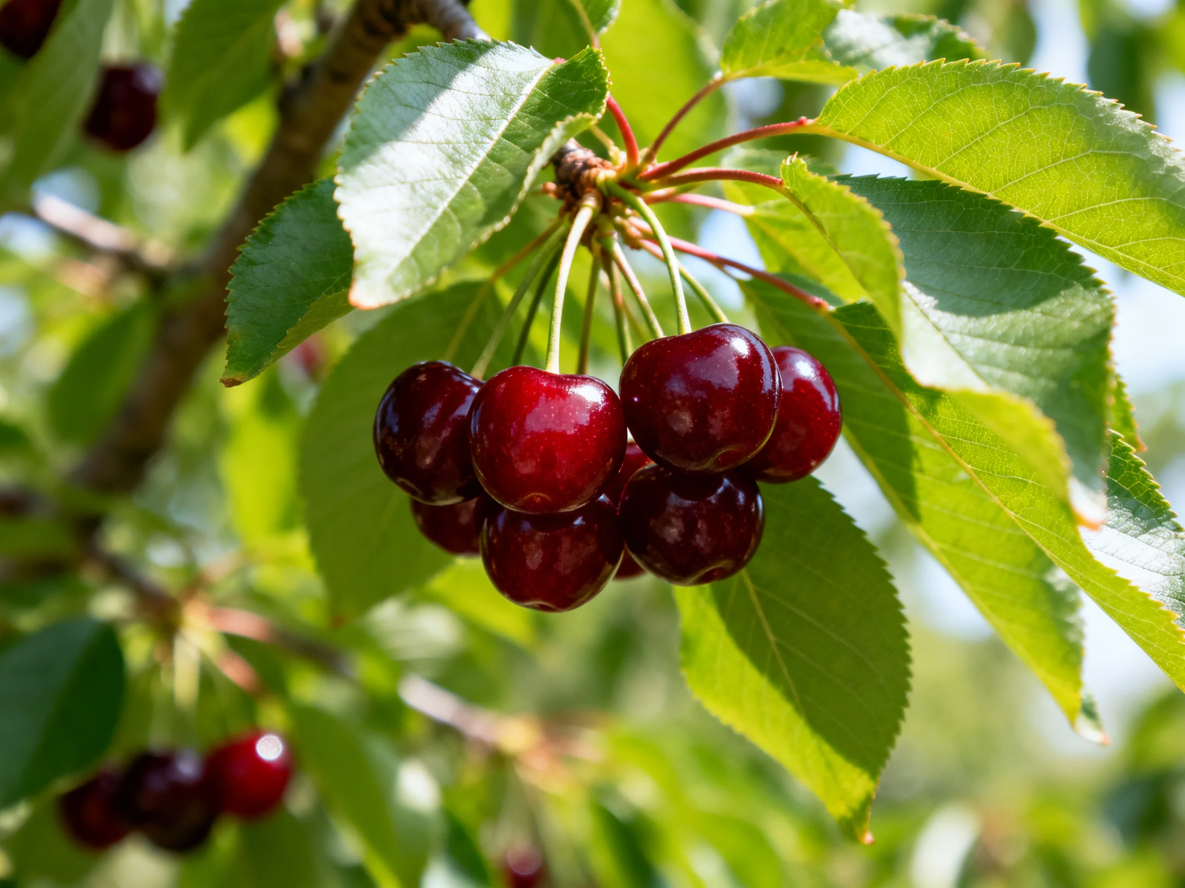 A cluster of deep red cherries hangs from a tree branch amid bright green foliage
