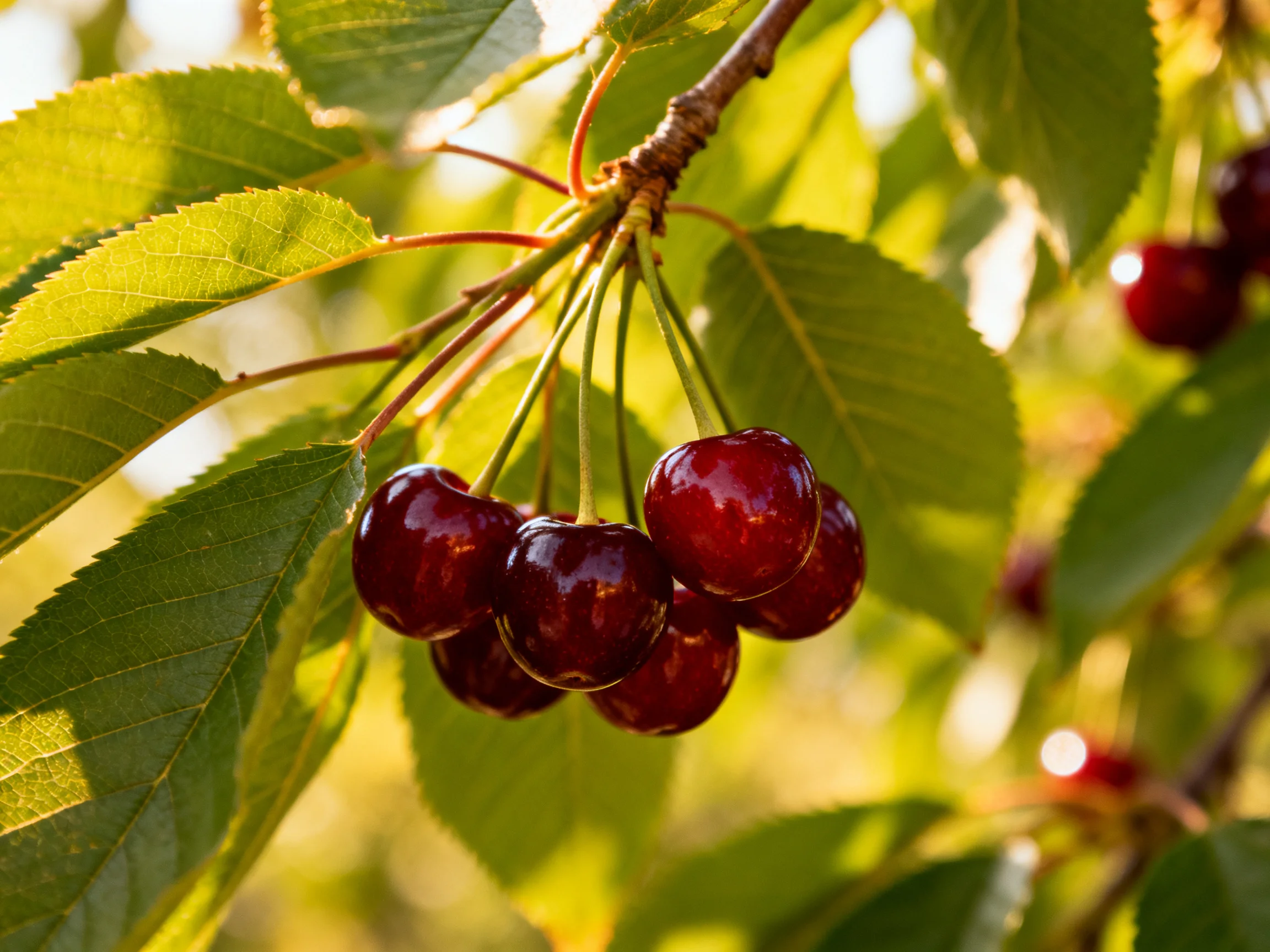 A cluster of deep red cherries hangs from a tree branch amid vibrant green leaves