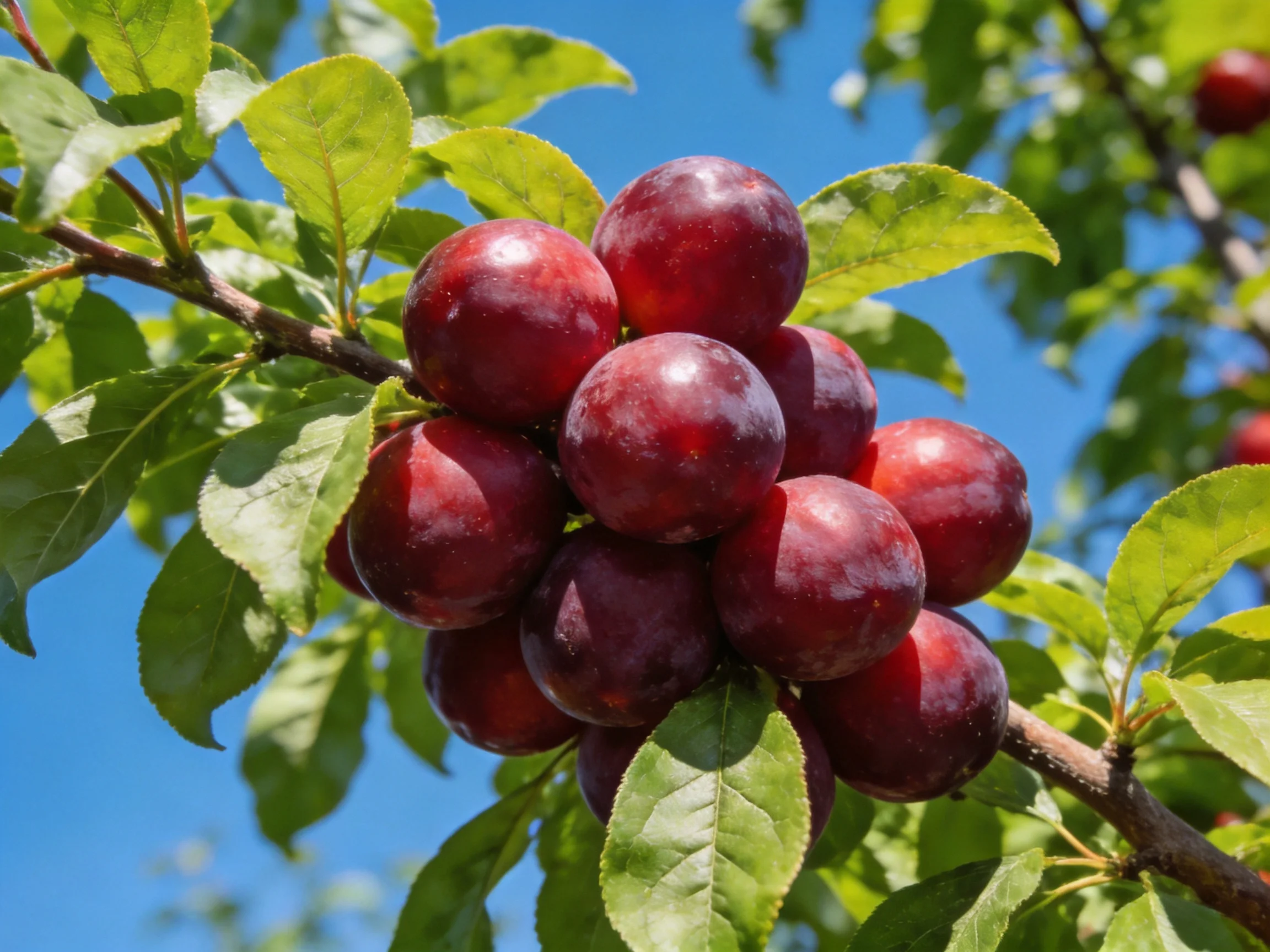 A cluster of deep red plums hangs from a tree branch