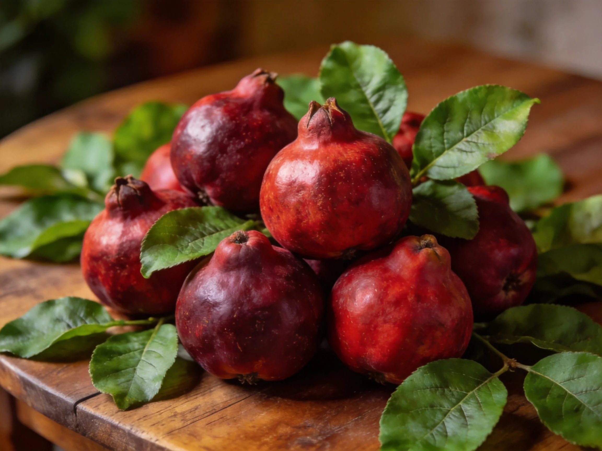 A cluster of deep-red pomegranates with green leaves on a wooden table