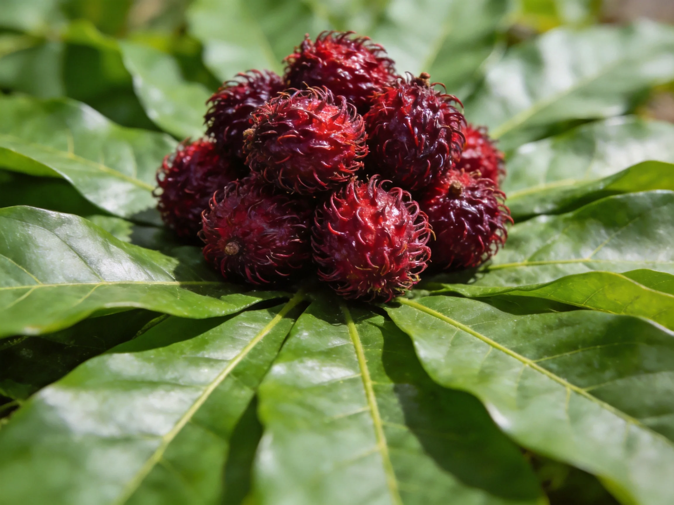 A cluster of deep red rambutan fruits atop broad green leaves