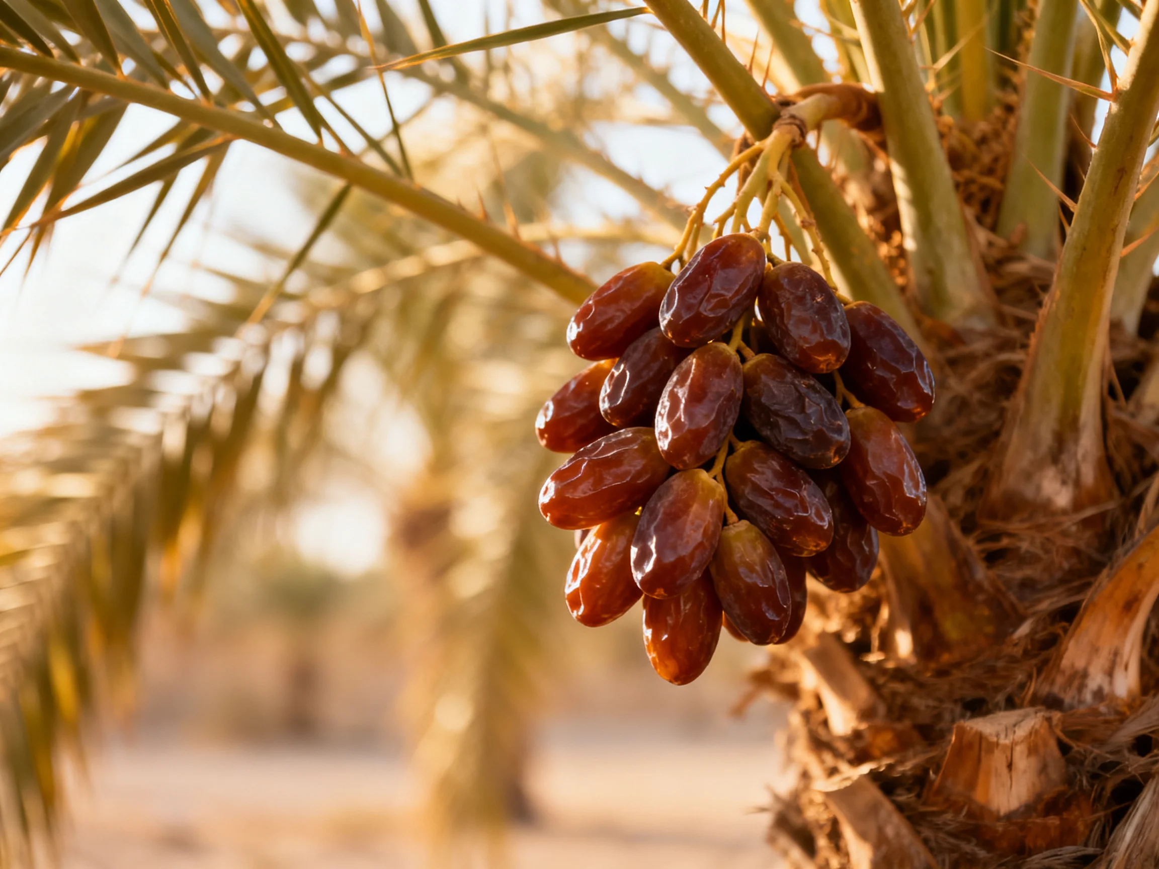 A cluster of deep reddish-brown dates grows on a golden-hued palm tree