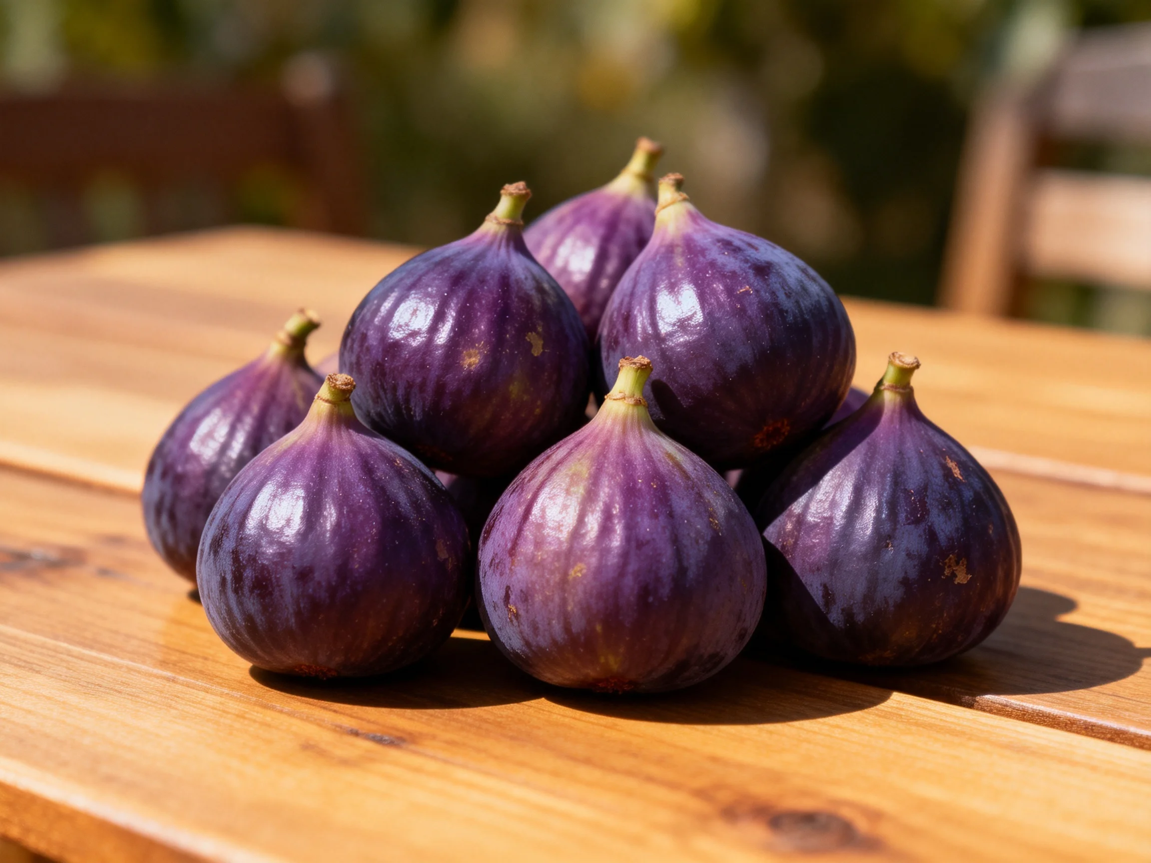 A cluster of eight deep purple figs arranged on a polished wooden table