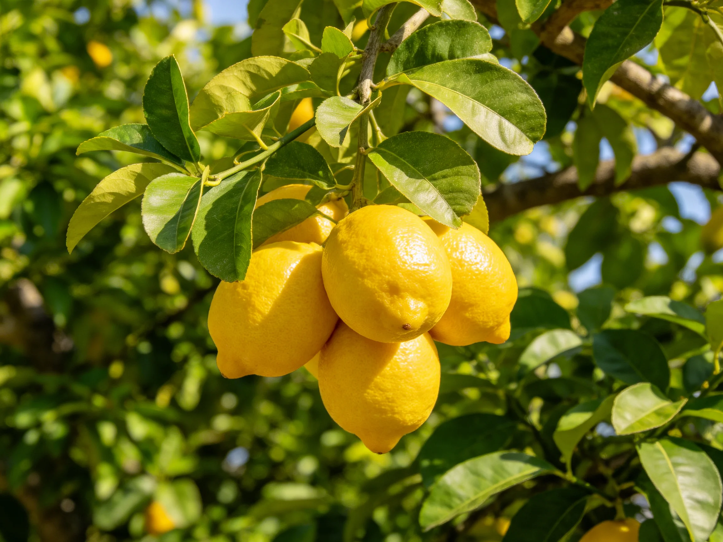 A cluster of five bright yellow lemons grows on a leafy lemon tree branch