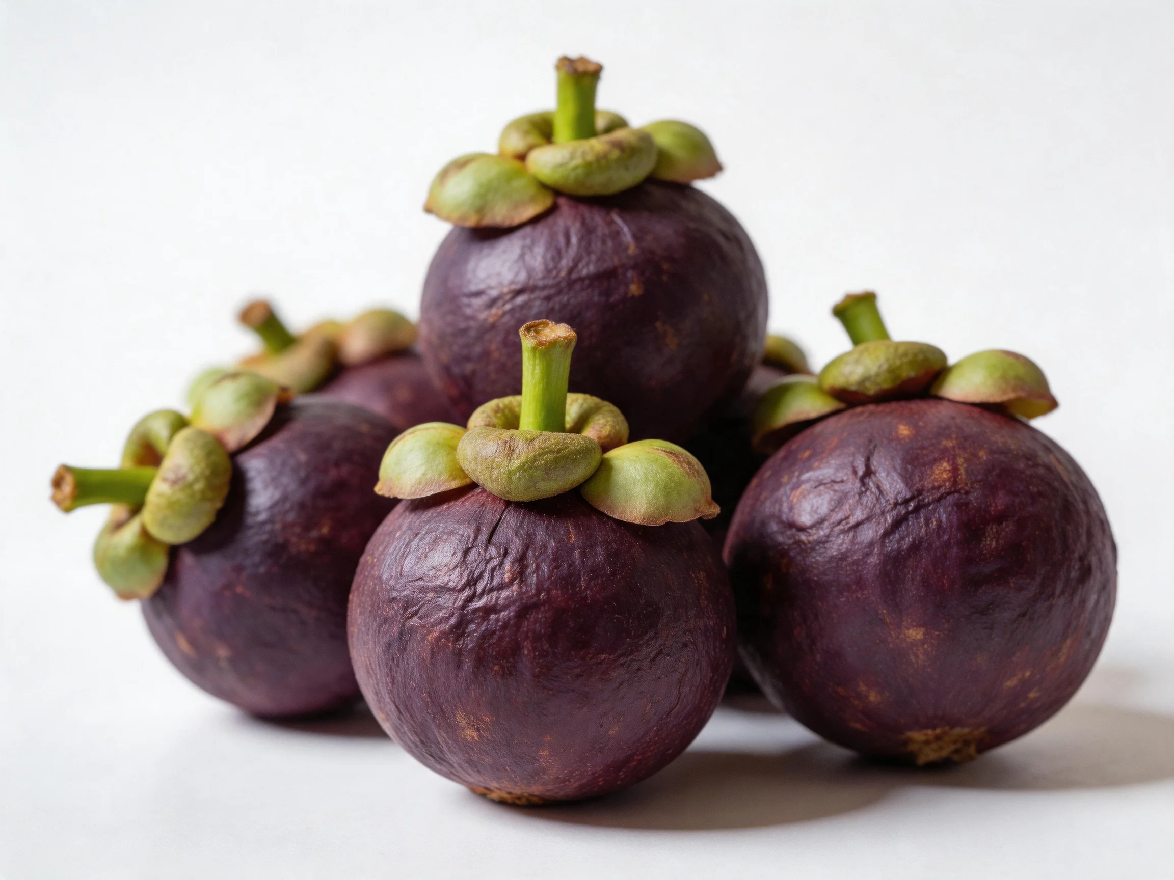 A cluster of five dark purple mangosteens with green calyxes