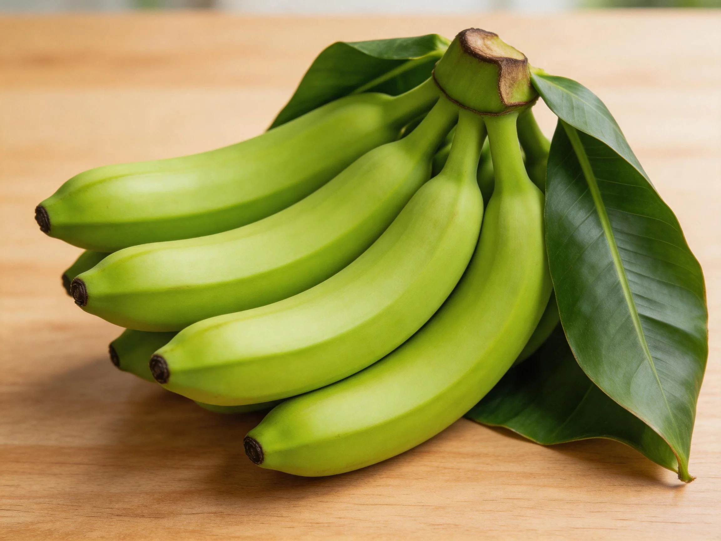A cluster of five unripe green bananas with large dark-green leaves