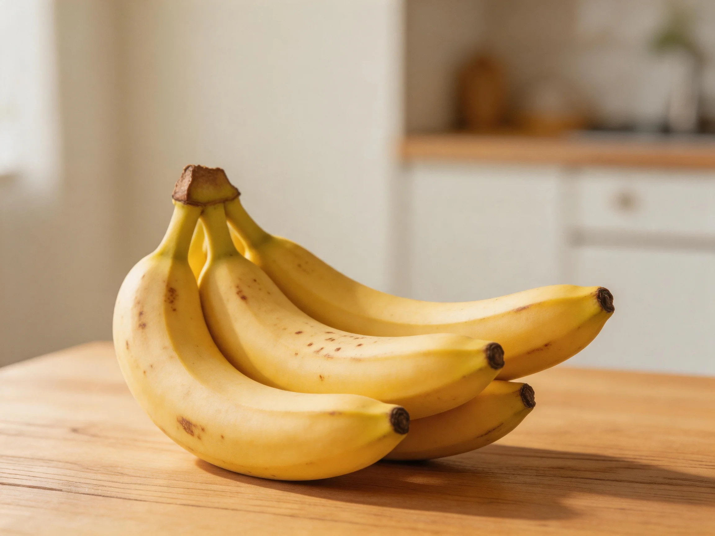 A cluster of four ripe yellow bananas on a wooden table
