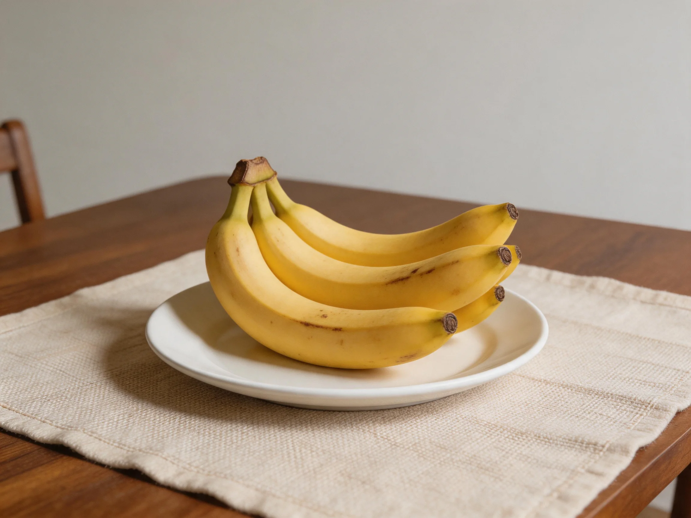 A cluster of four ripe yellow bananas rests on a white plate