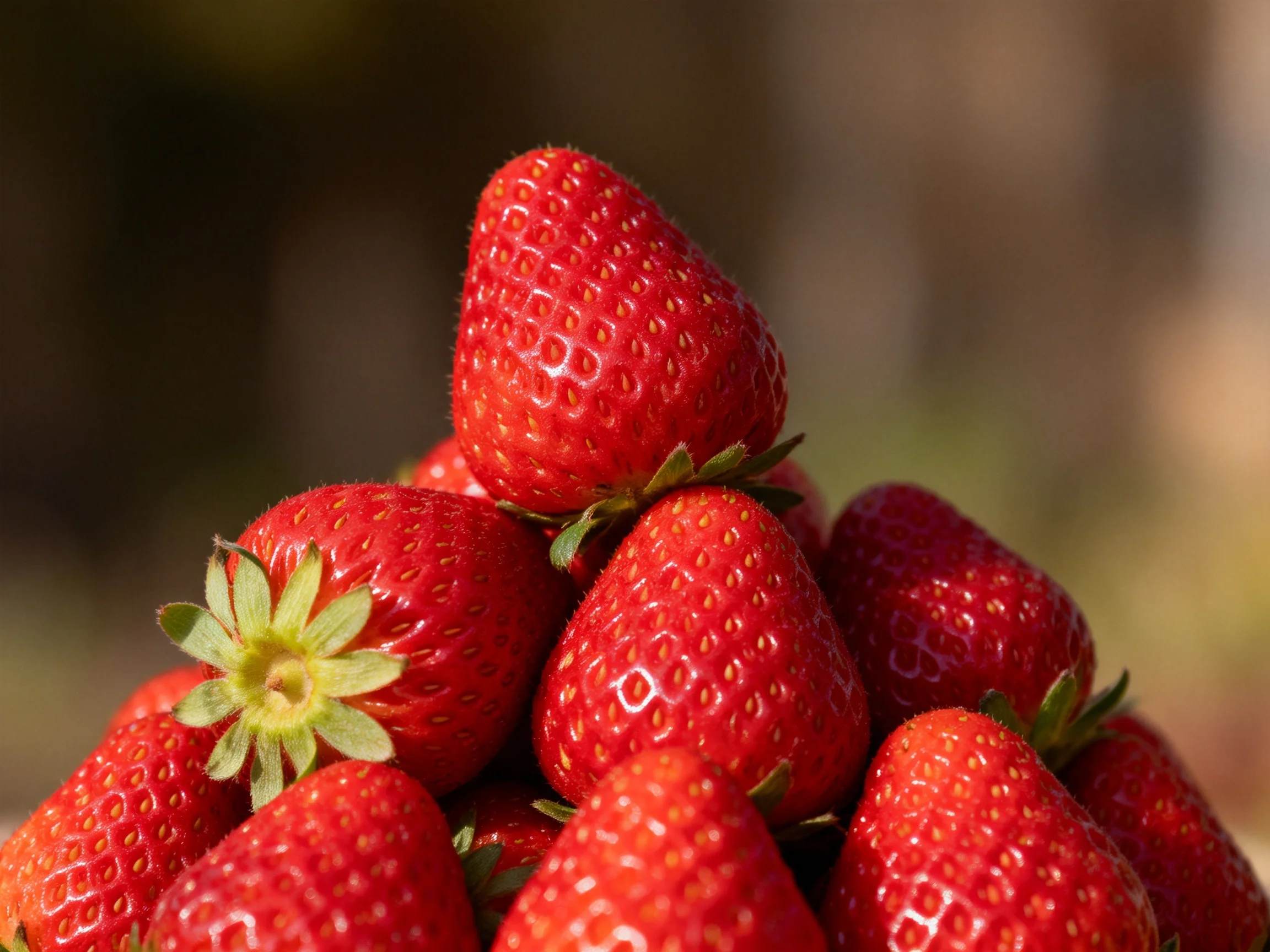 A cluster of fresh, bright red strawberries stacked densely