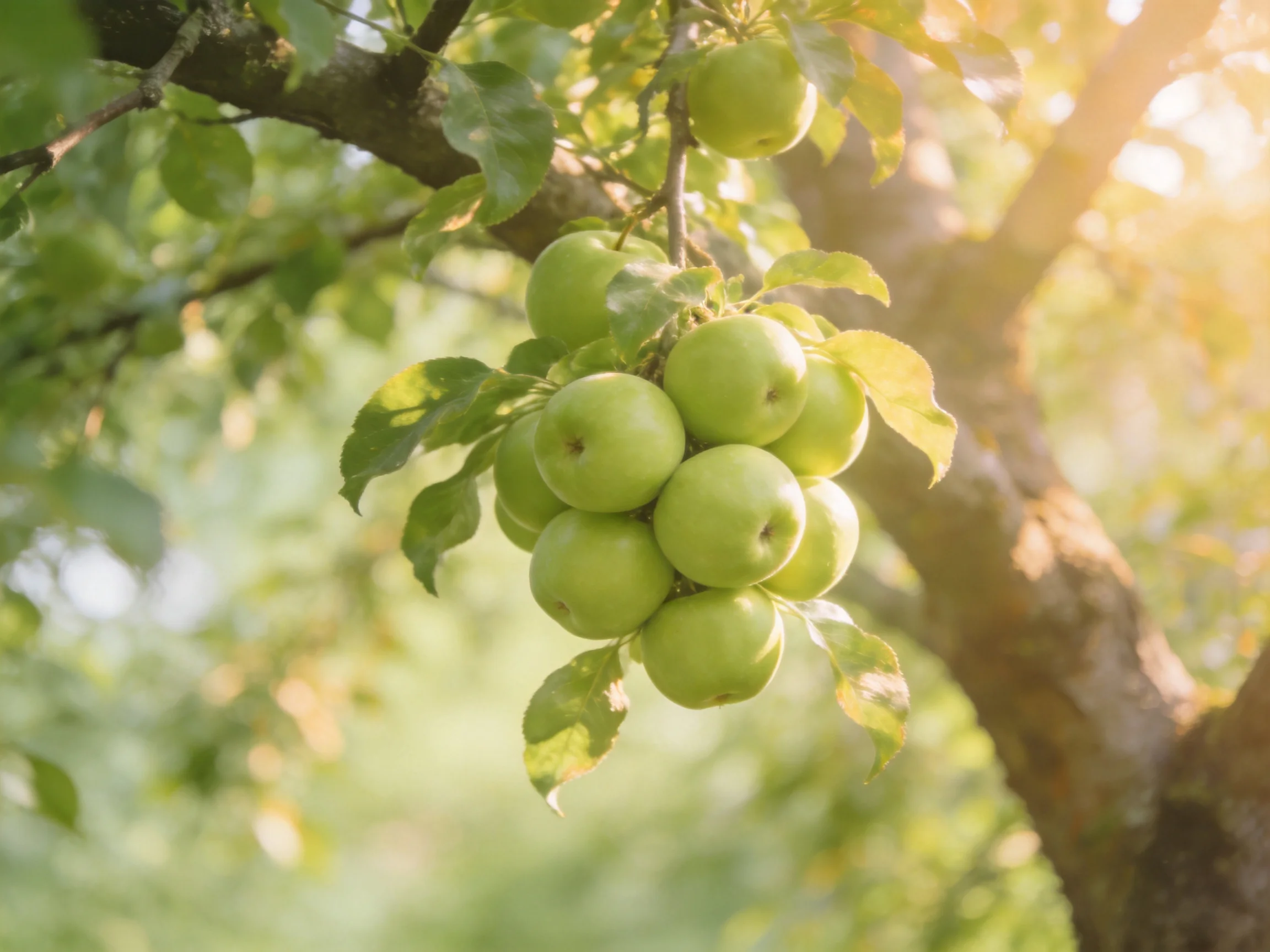 A cluster of fresh green apples hangs from a sun-dappled apple tree