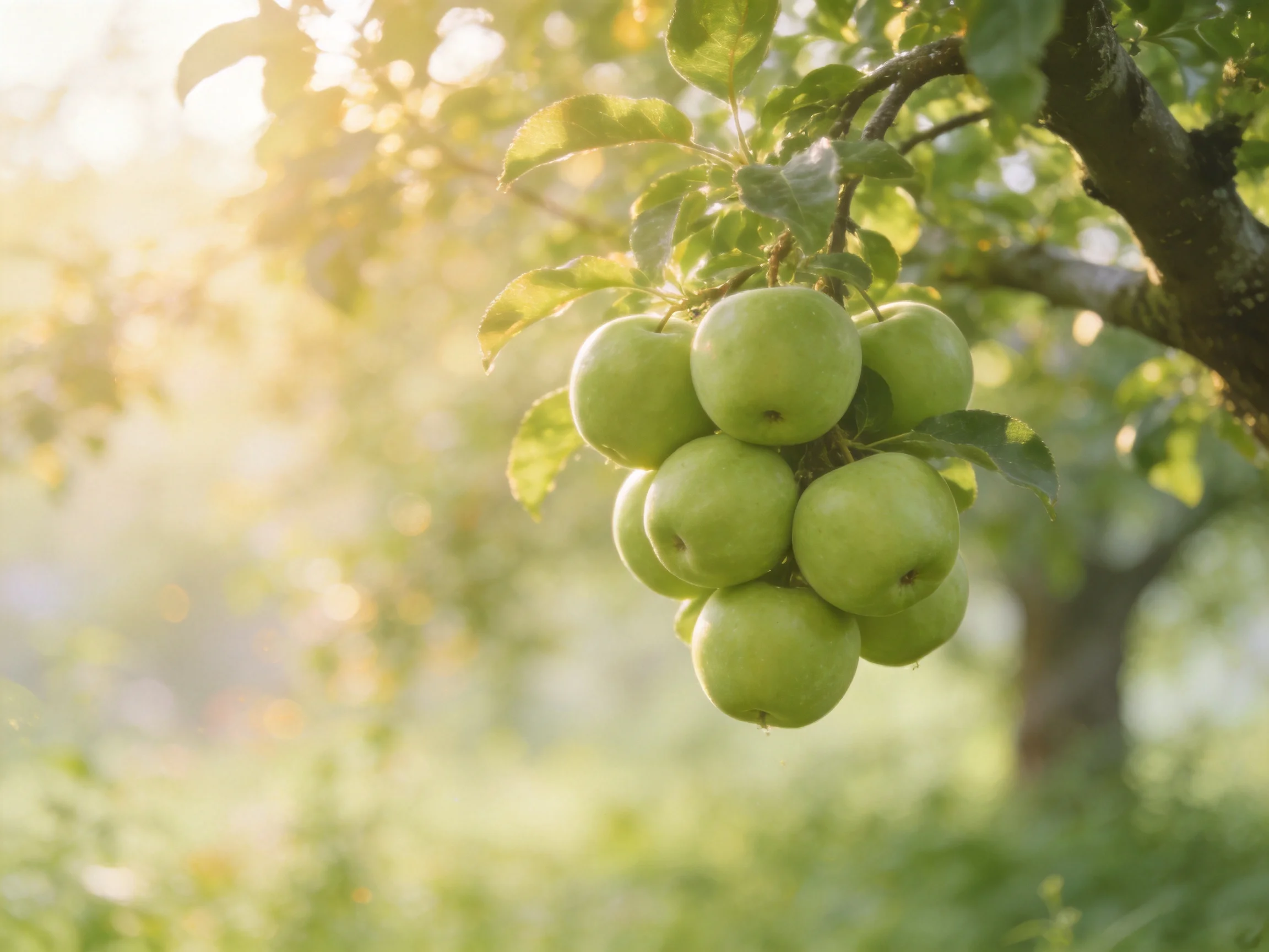 A cluster of fresh green apples hangs from a tree in golden sunlight
