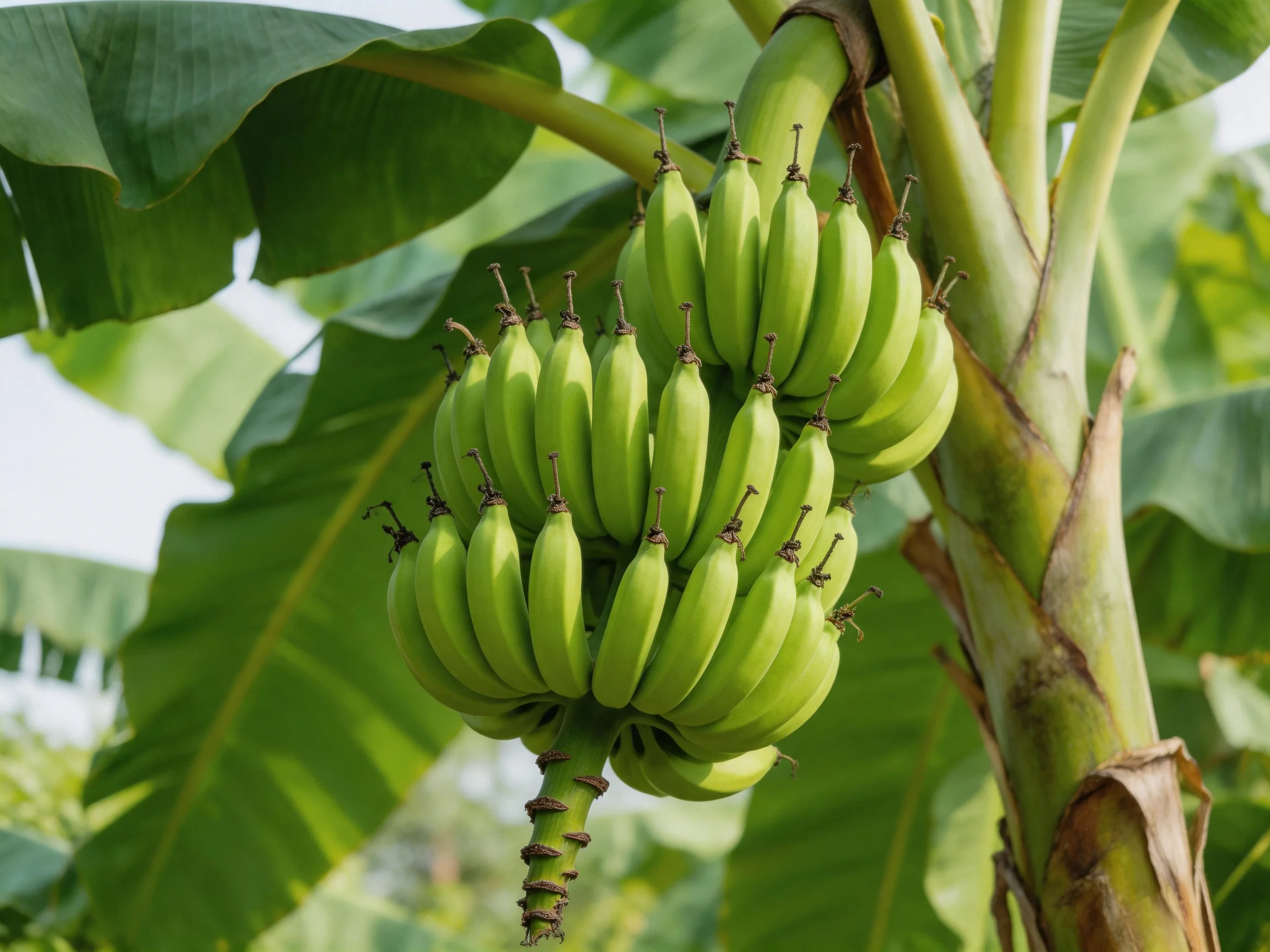 A cluster of fresh green bananas hangs from a banana tree