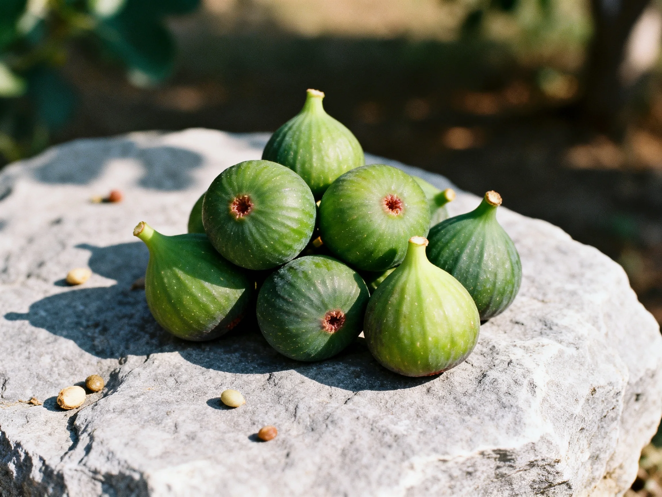 A cluster of fresh green figs arranged on a weathered gray stone