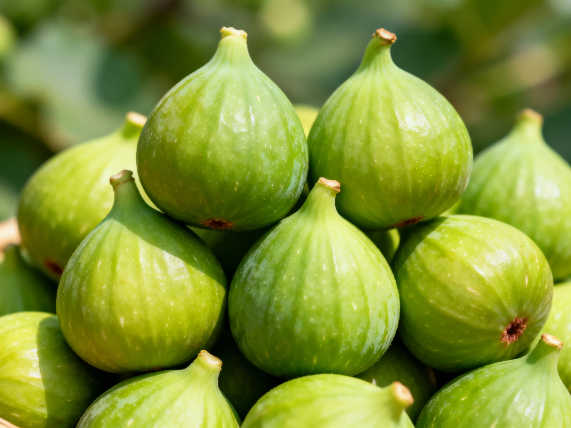 A cluster of fresh green figs stacked in natural light