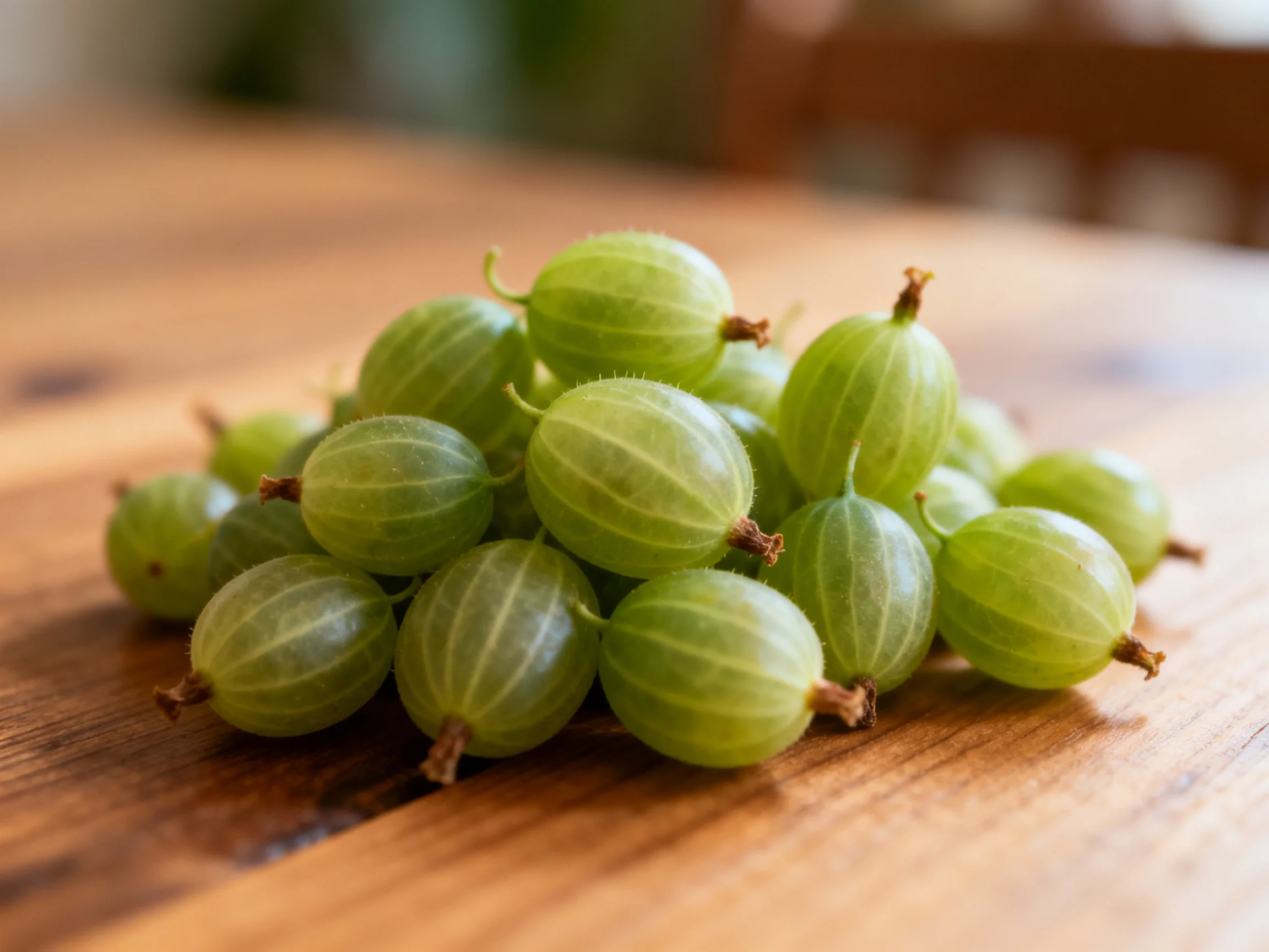 A cluster of fresh green gooseberries arranged on a wooden table