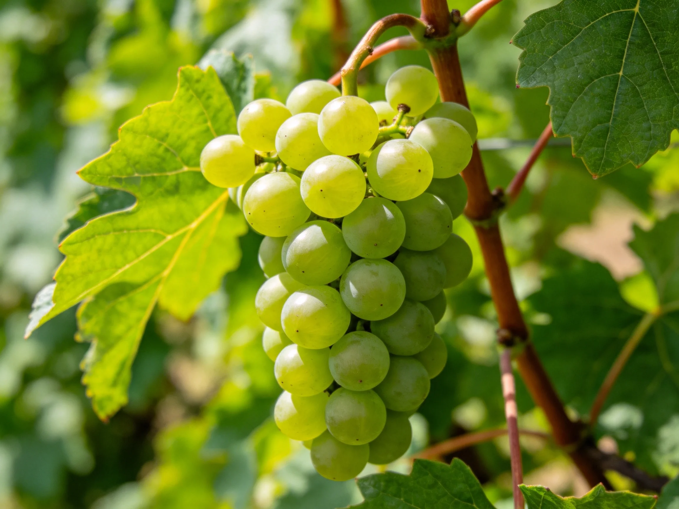 A cluster of fresh green grapes growing on a vine amidst lush foliage