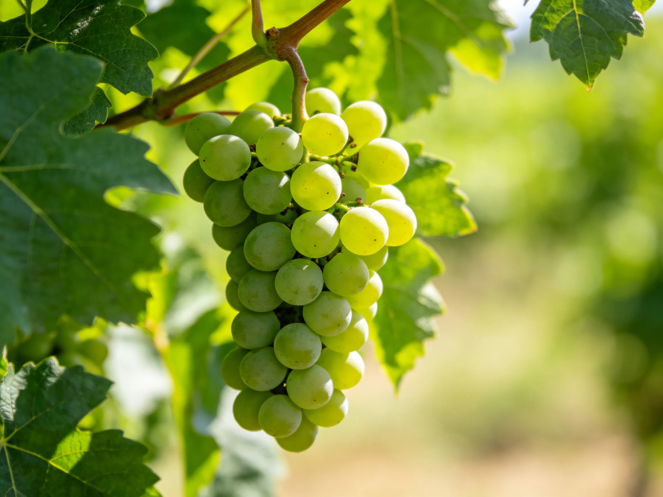 A cluster of fresh green grapes hanging from a vine among lush foliage