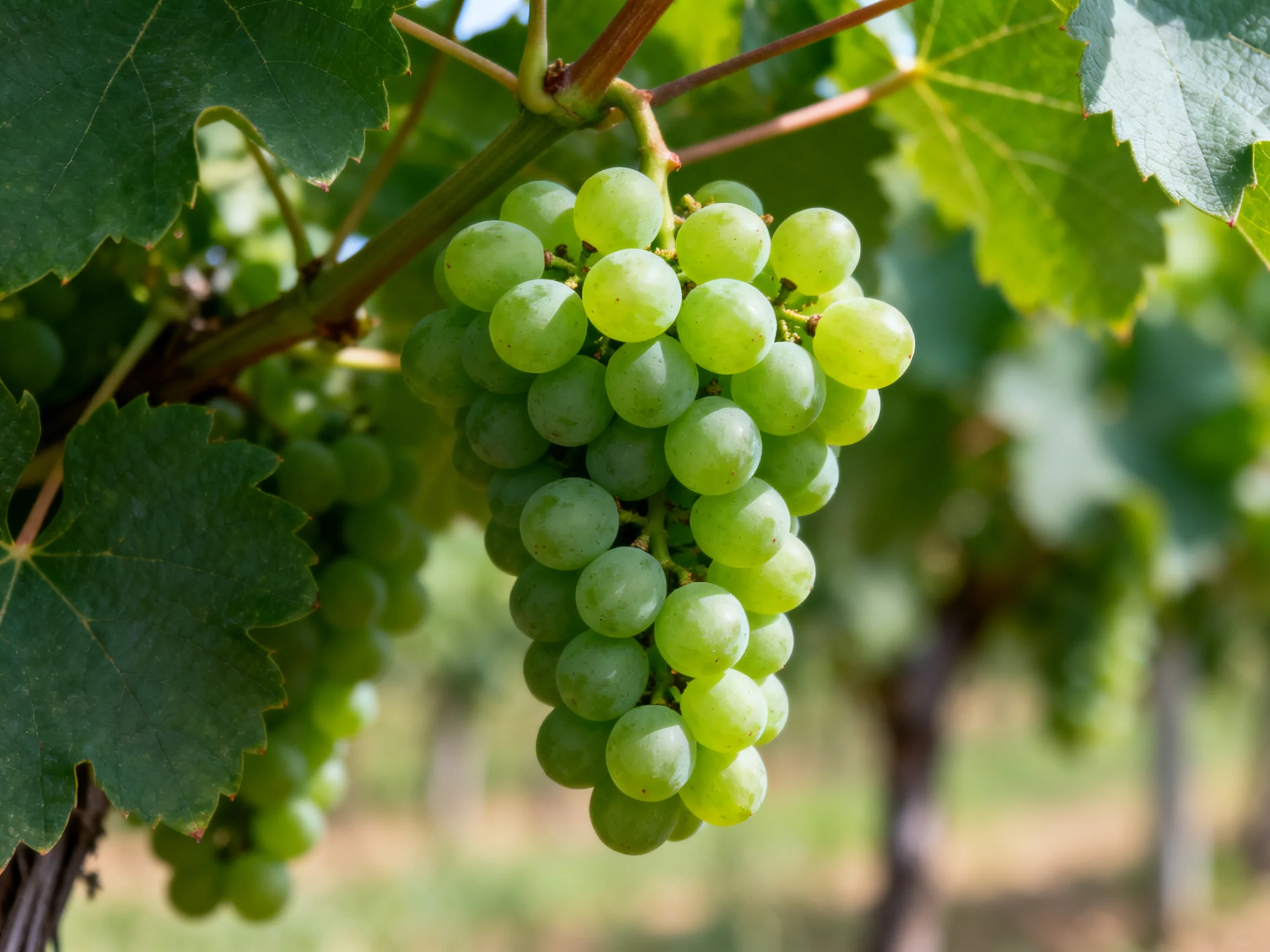 A cluster of fresh green grapes hanging from a vine in a sunlit vineyard