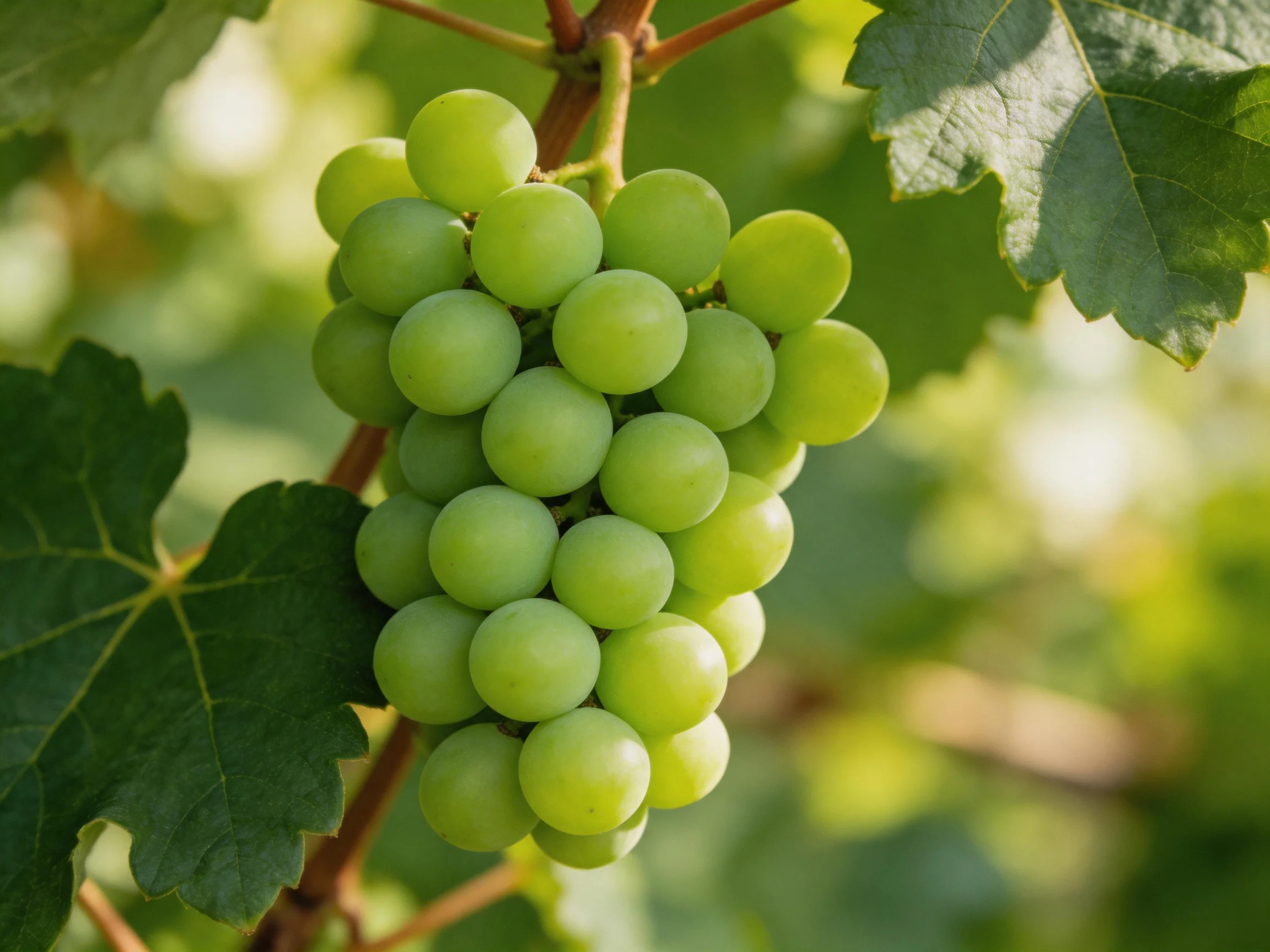 A cluster of fresh green grapes hangs from a vine