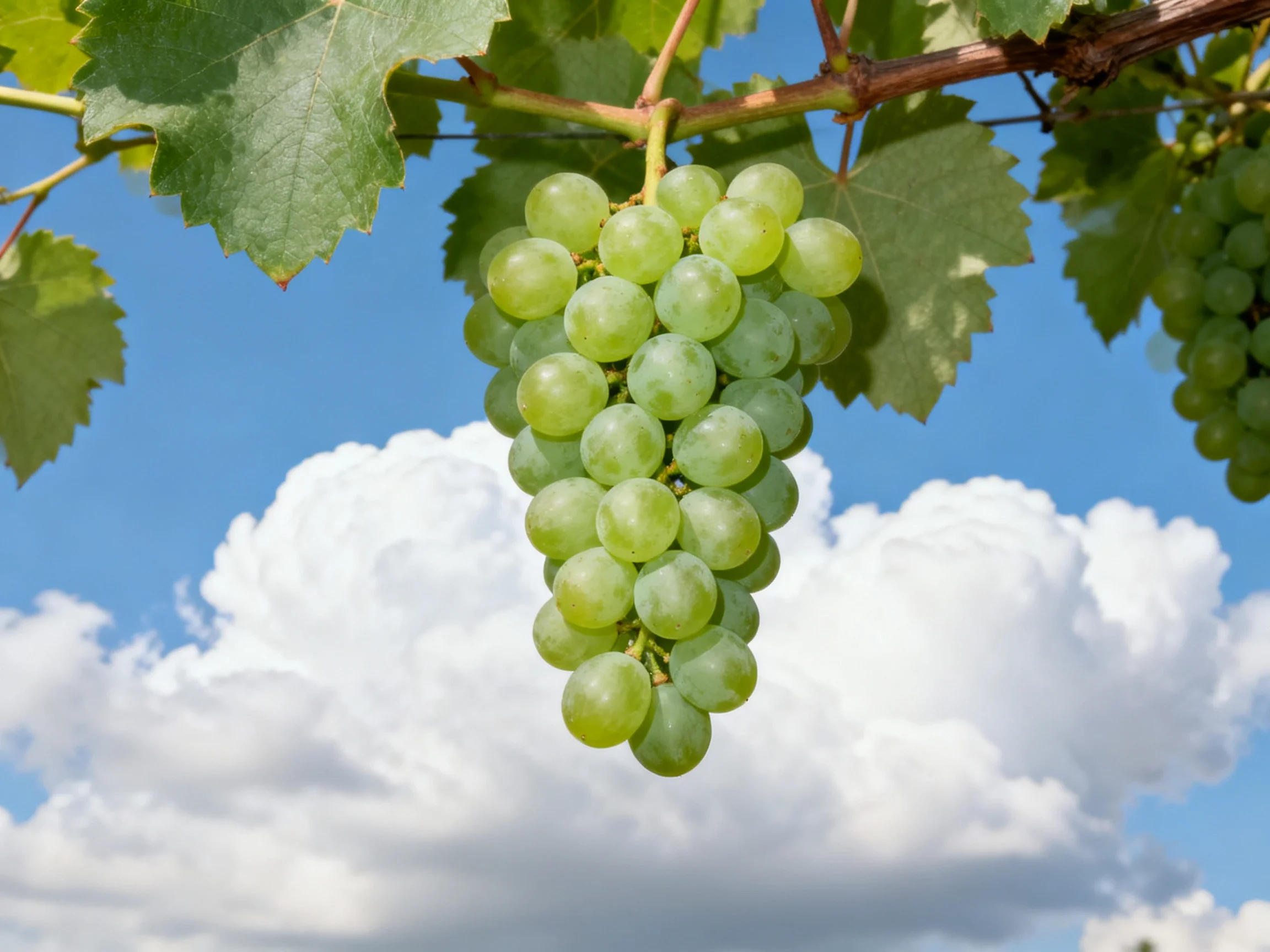A cluster of fresh green grapes hangs from a vine against a bright blue sky