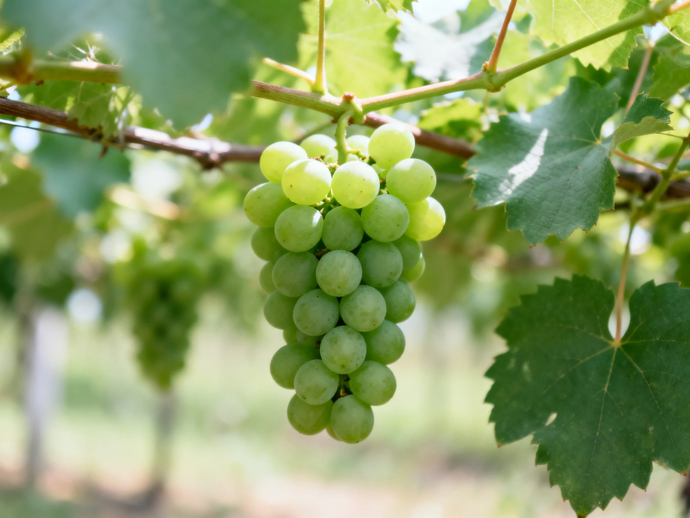 A cluster of fresh green grapes hangs from a vine amid lush foliage