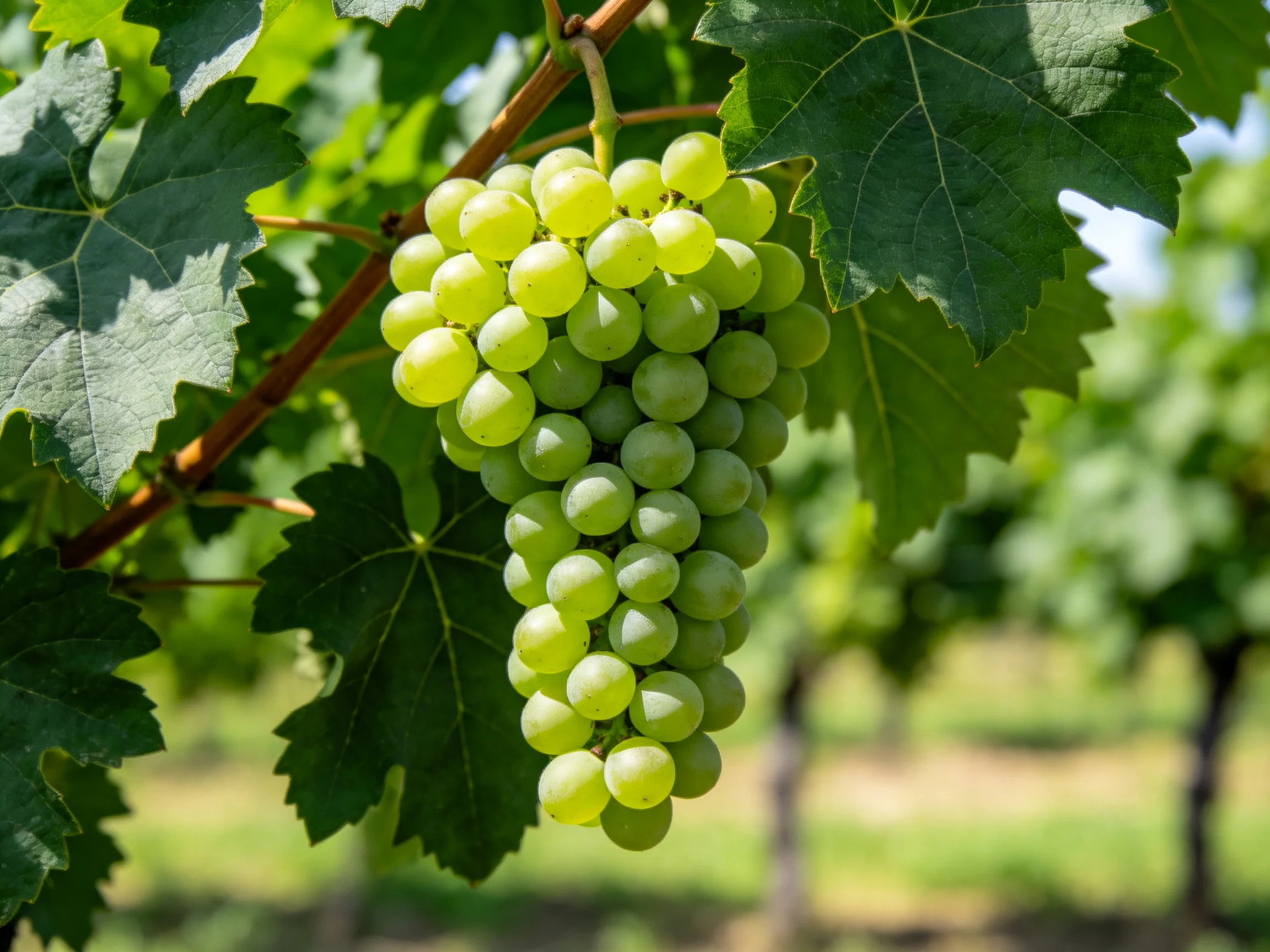 A cluster of fresh green grapes hangs from a vine amid lush foliage