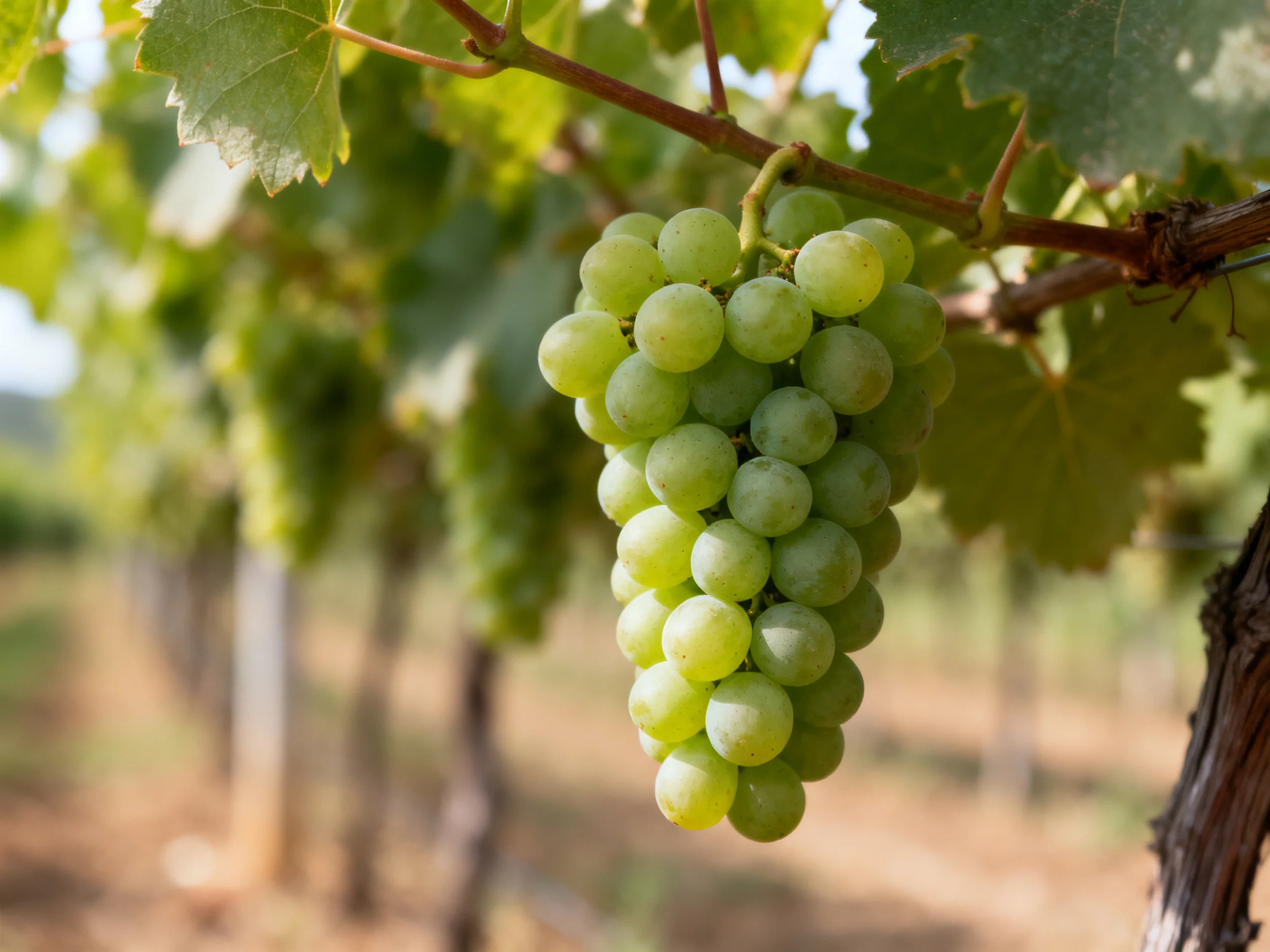 A cluster of fresh green grapes hangs from a vine in a sunlit vineyard