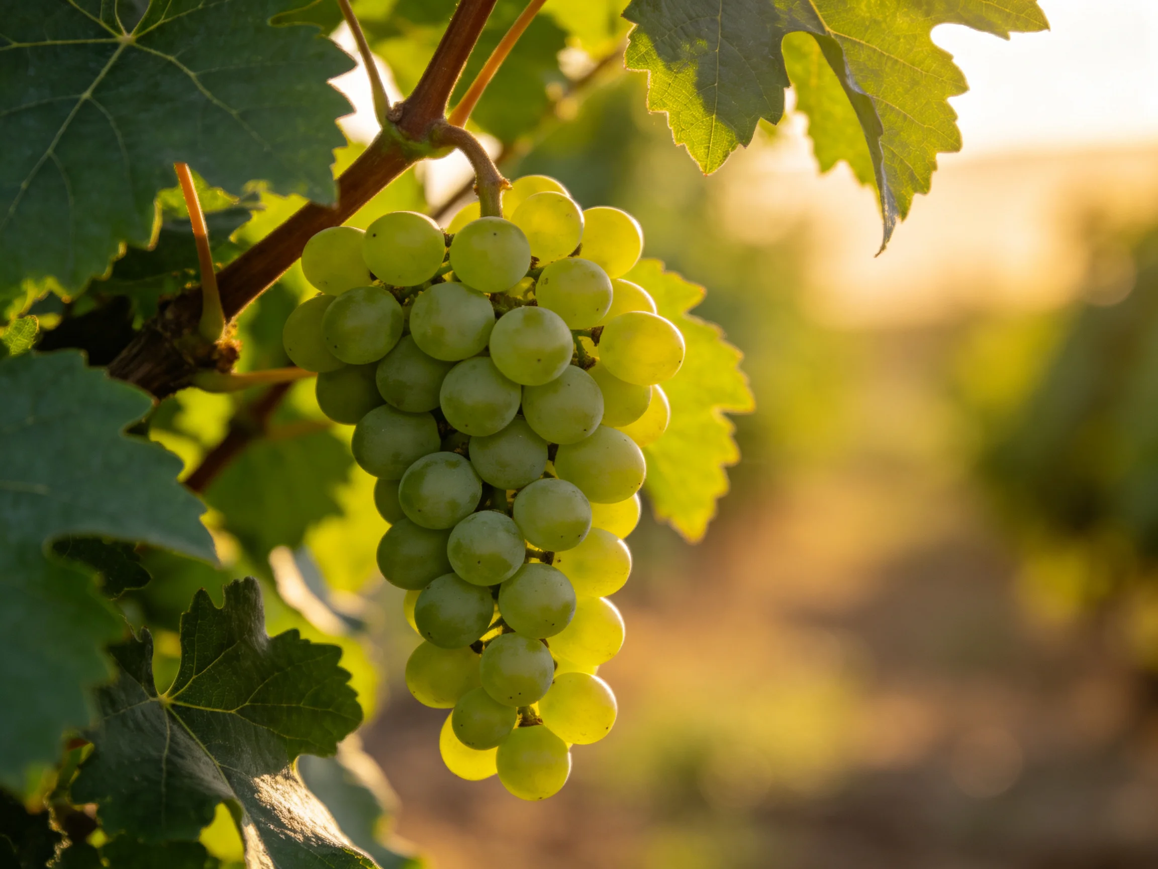 A cluster of fresh green grapes hangs from a vine in golden sunlight