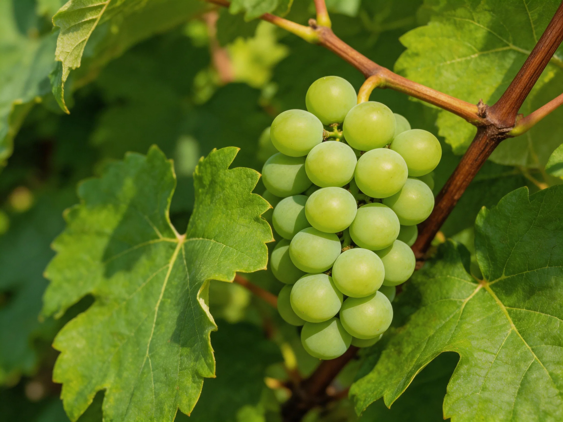 A cluster of fresh green grapes hangs from a vine with large leaves