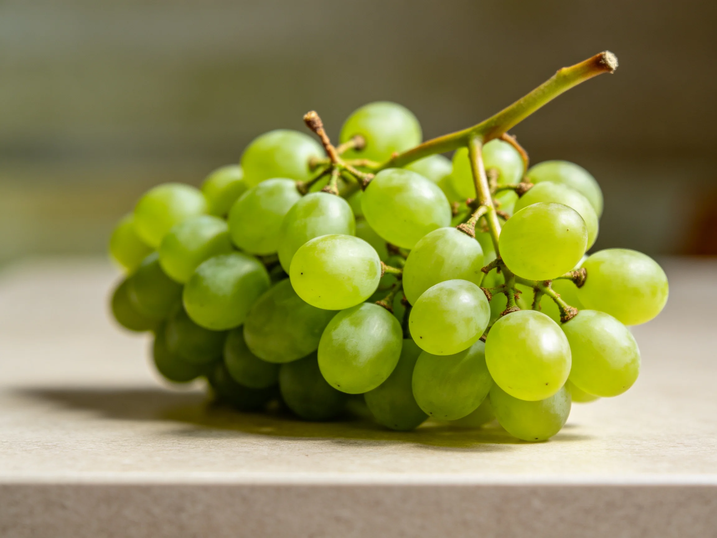 A cluster of fresh green grapes rests on a smooth surface